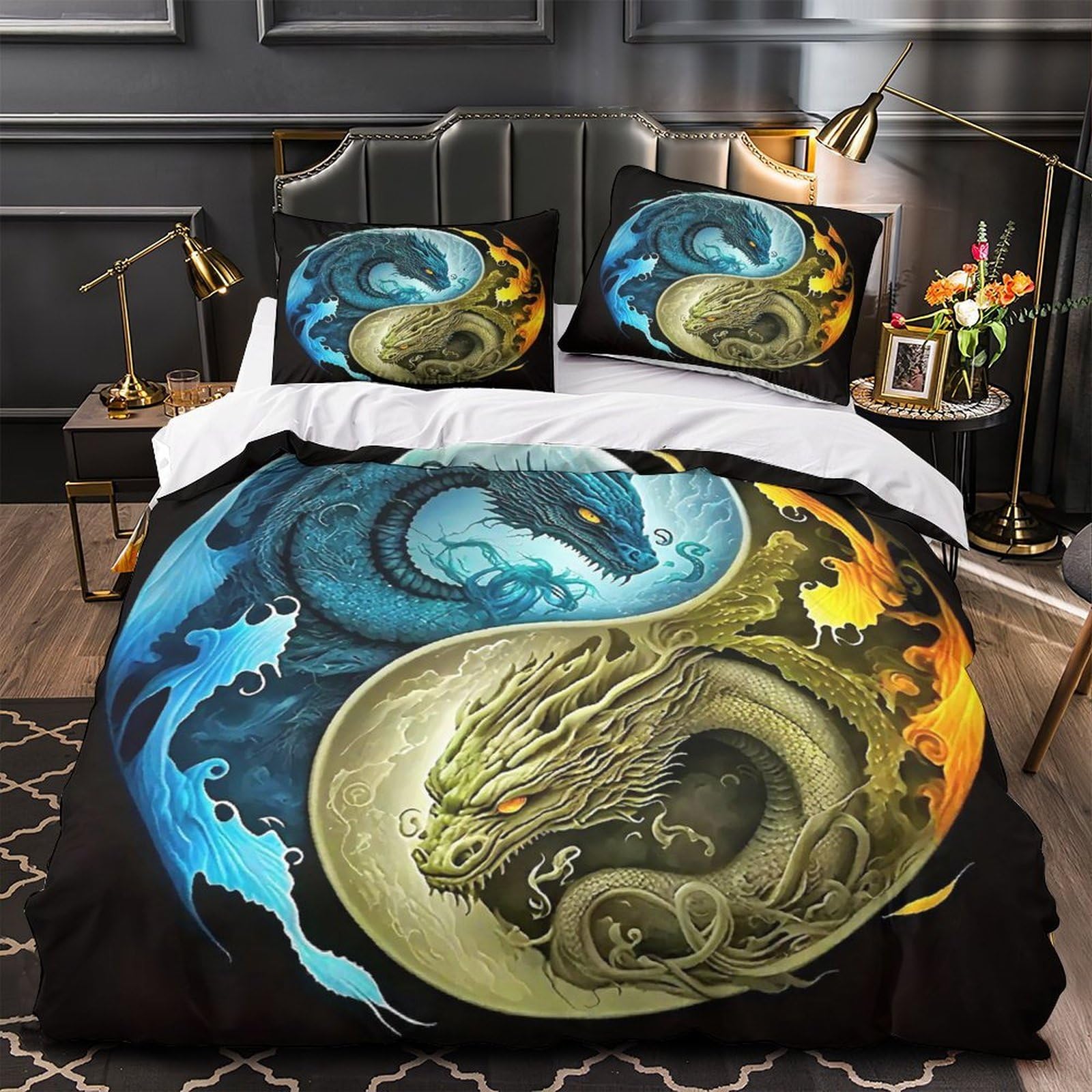 Housse de couette Yin et Yang 260x220 cm en microfibre avec 2 taies d'oreiller