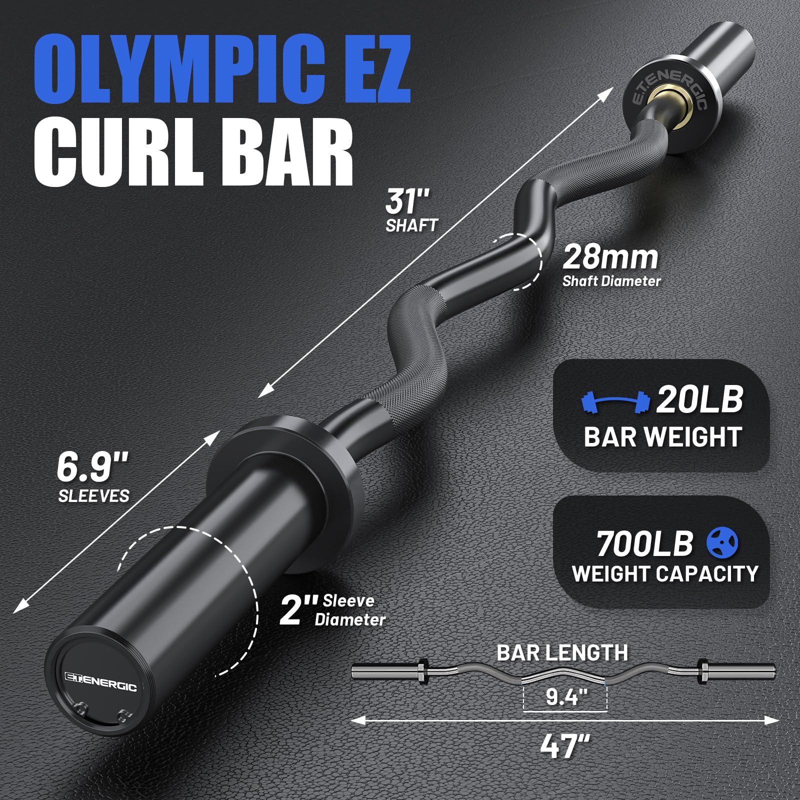Bilanciere olimpico EZ Curl da 119,4 cm, capacità 226,8 kg, adatto per pesi da 5,1 cm, barra curva da 5,1 cm, per sollevamento pesi, spinte dell'anca, squat, bicipiti, palestra a casa