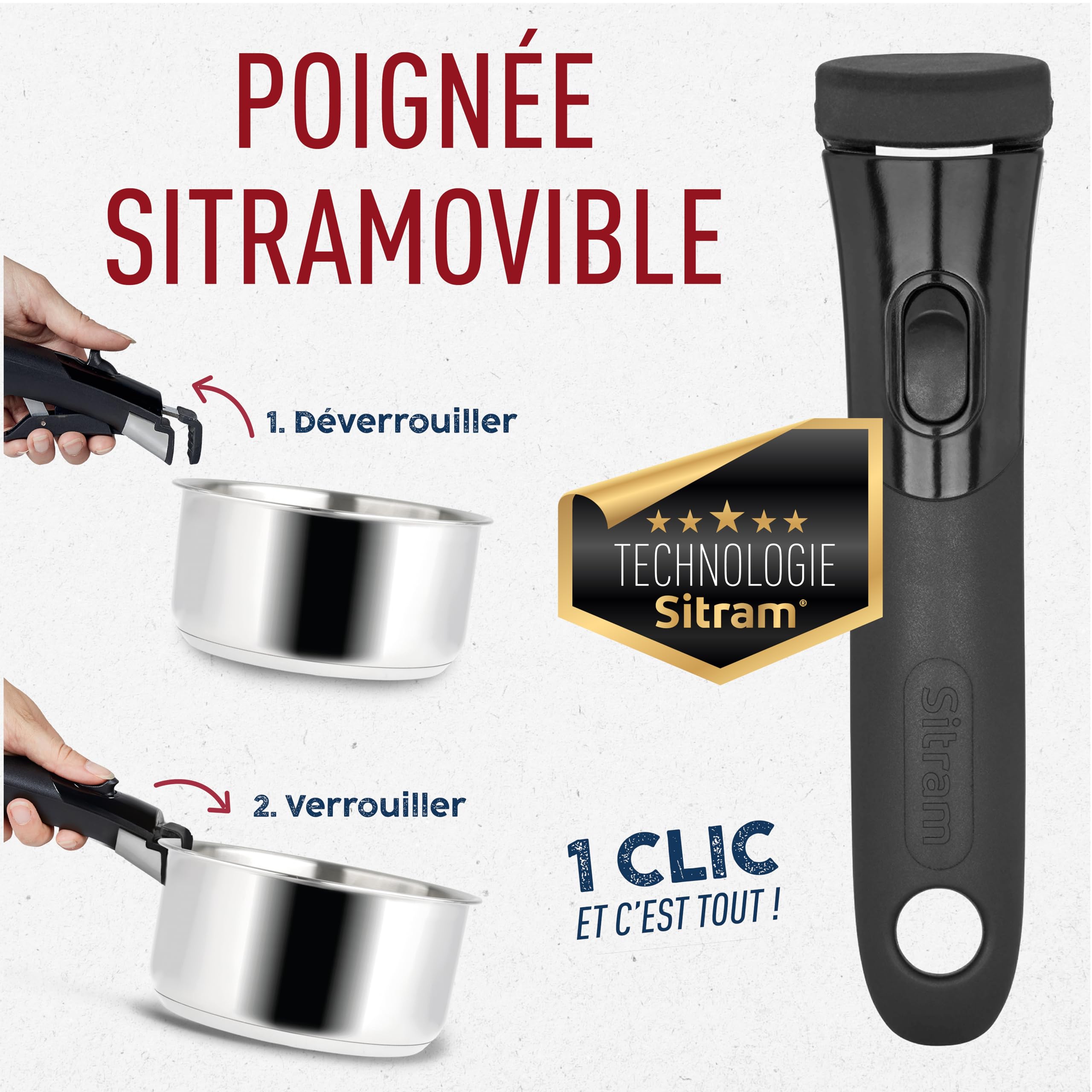 Sitram 717373 Batterie Cuisine 6 pcs 100% Inox : 1 manche amovible, 2 casseroles Ø18,20 cm, 2 poêles Ø20,24 cm, 1 couvercle verre Ø20 cm - Tous feux dont induction - Cuisine Saine Garantie