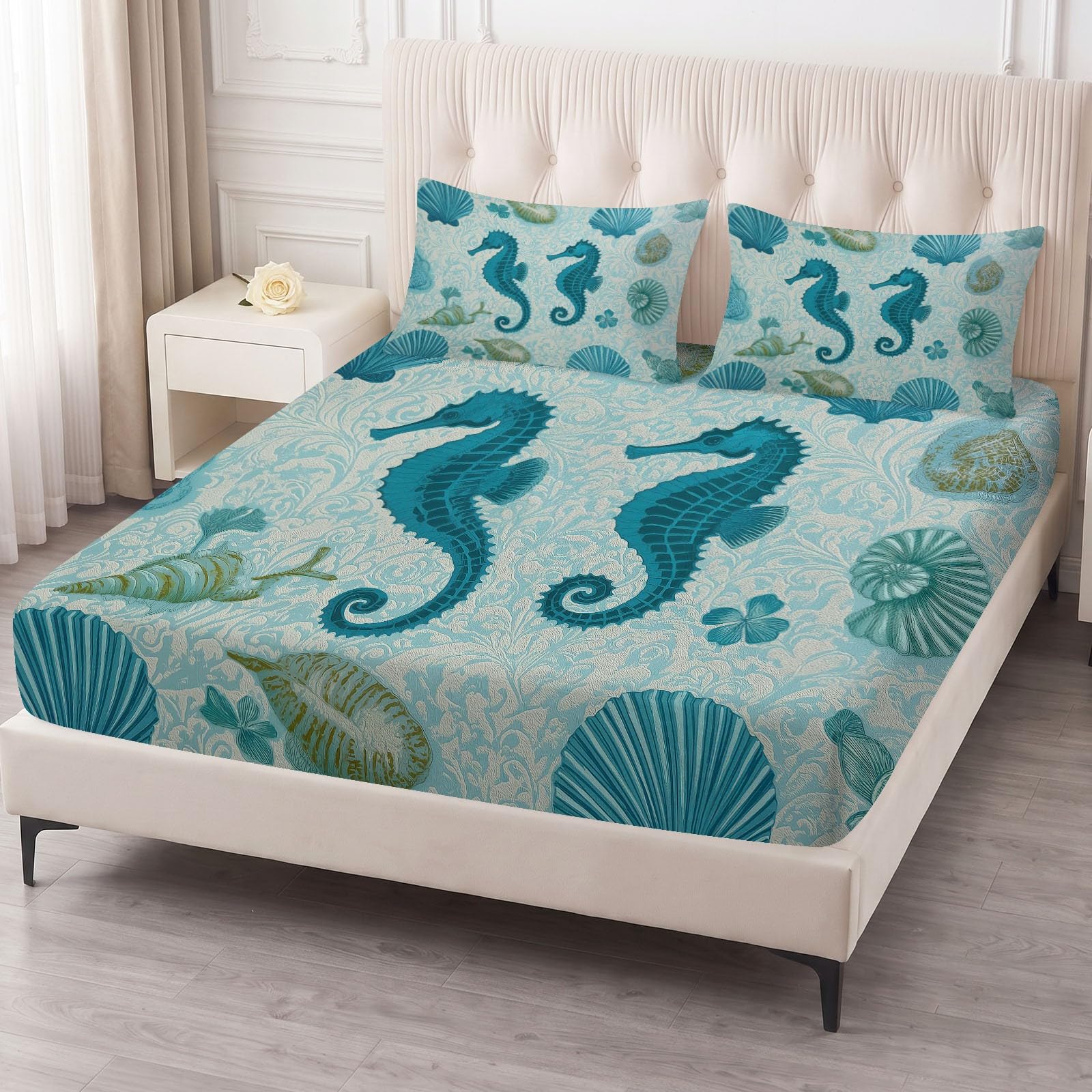 Spannbettlaken Meereslebewesen Bettlaken 160 x 200 cm Weiche Atmungsaktive - Seepferdchen Muschel Rankenmuster Spannbetttuch für Boxspringbett & Wasserbett Schlafzimmer Dekor, Steghöhe 30 cm