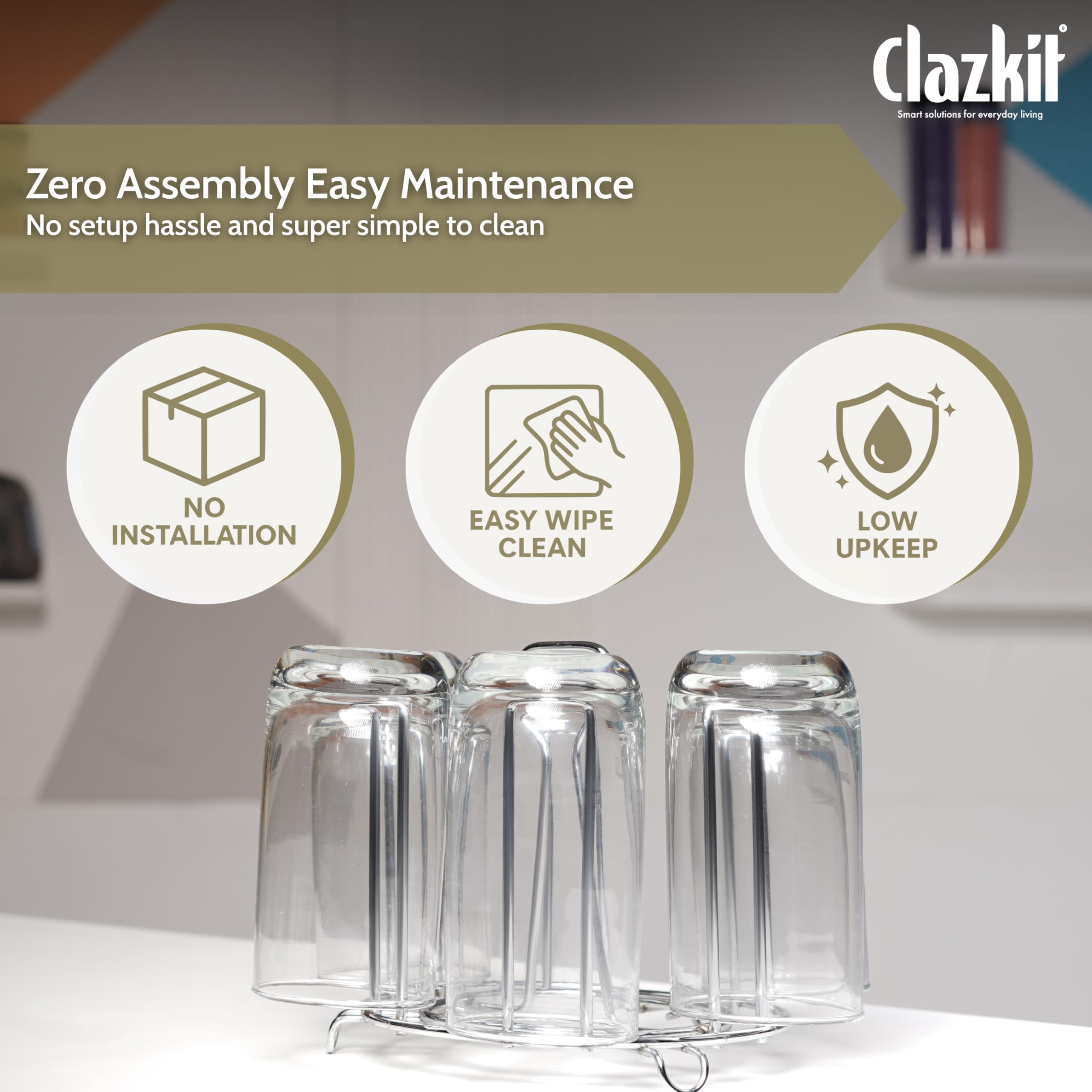 Clazkit Stainless Steel Glass Holder for 6 Glasses, Glass Stand Steel for Dining Table/Kitchen, Tumbler Holder, Pull-Out Countertop Shelves Heavy Duty - SILVER — Amazon image 2