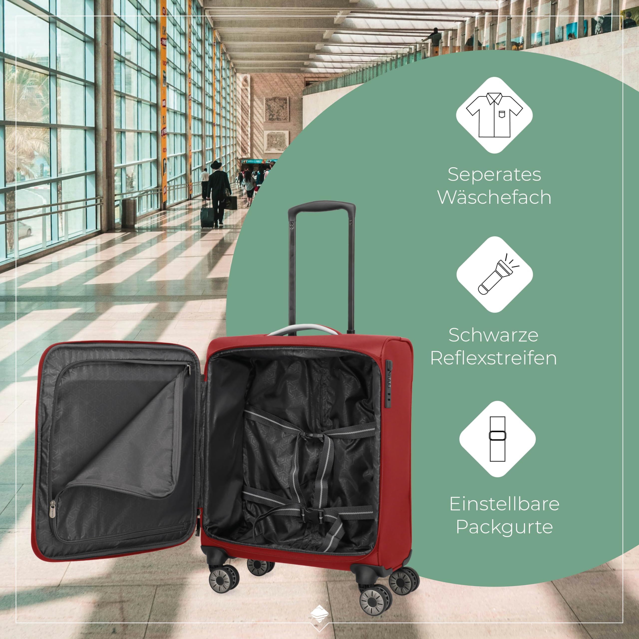 travelite valigia a mano con 4 rotelle per Lufthansa, Austrian + Swiss, serratura a combinazione integrata, trolley da cabina compatto con funzione di aggancio, 55x40x23 cm, 41 l, 2,5 kg