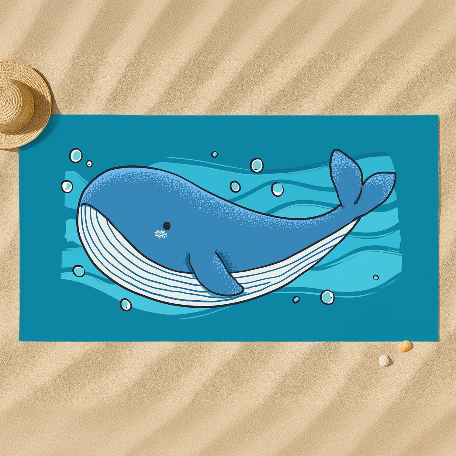 Retro, interessant Strandtuch 230 x 210 cm - Strandtuch trandtuch Leichtdünn Weich Strandtuch Cartoon, Blauwale, Wasserströmungen,für Strand, Pool, Yoga, Picknick