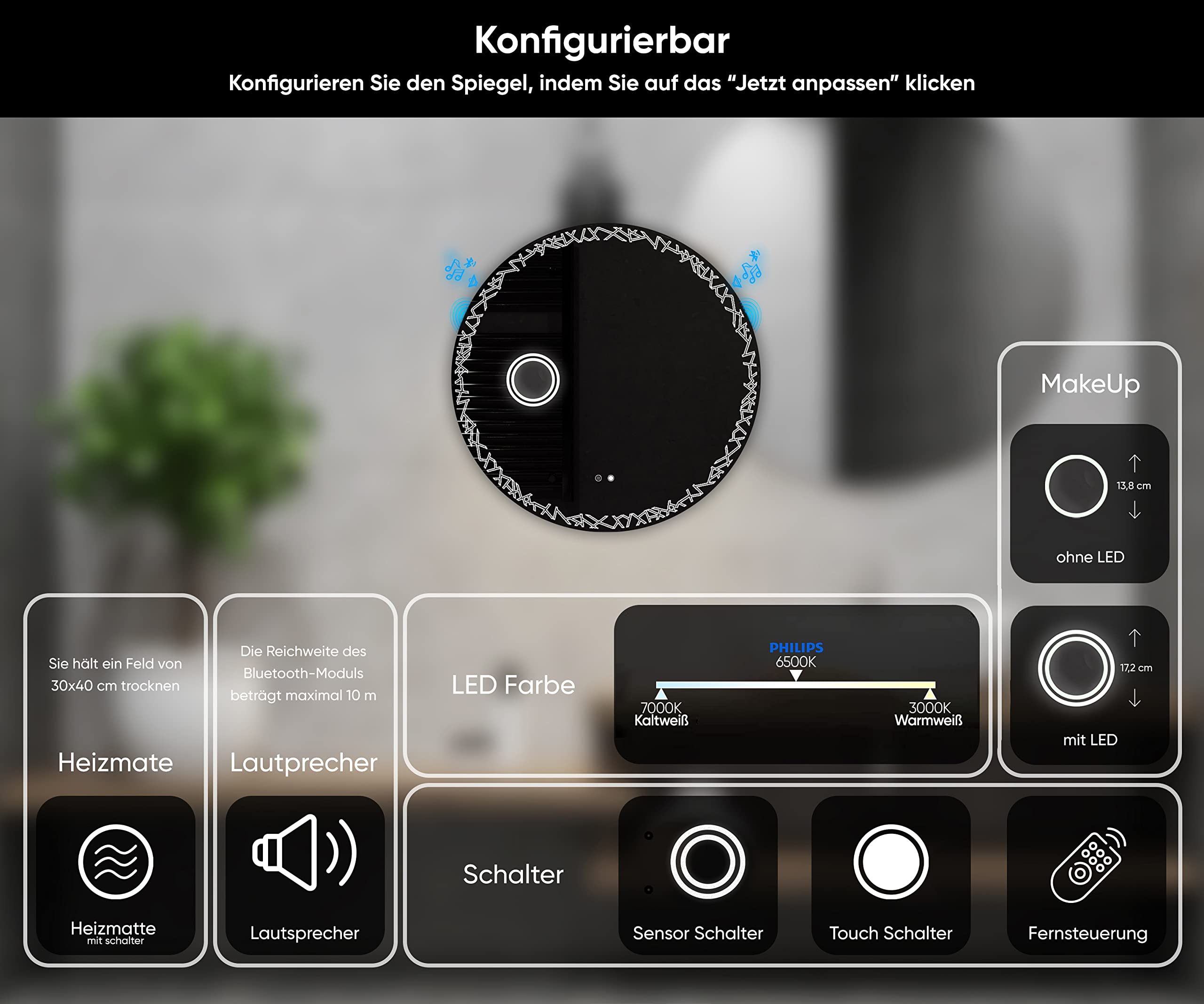 FORAM Badspiegel mit Beleuchtung - Spiegel Rund - 75x75 - Wandspiegel Nach Maß - Runder Spiegel auf Individuelle Bestellung Gefertigt - Modernes Design - Ohne Rahmen
