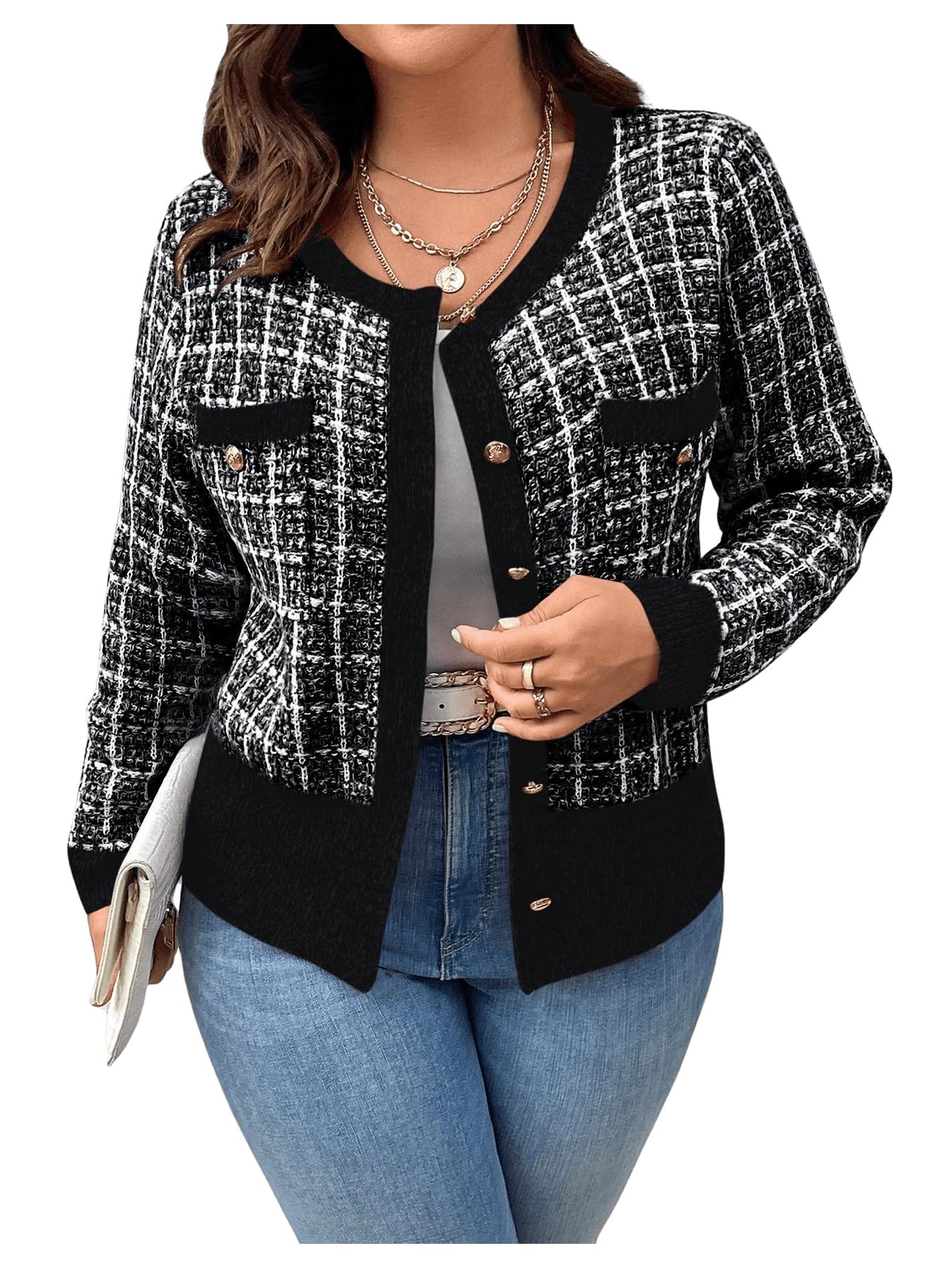 Floerns Womens Plus Size Tweed Long Sleeve Button Front Work Casual Cardigan Sweater