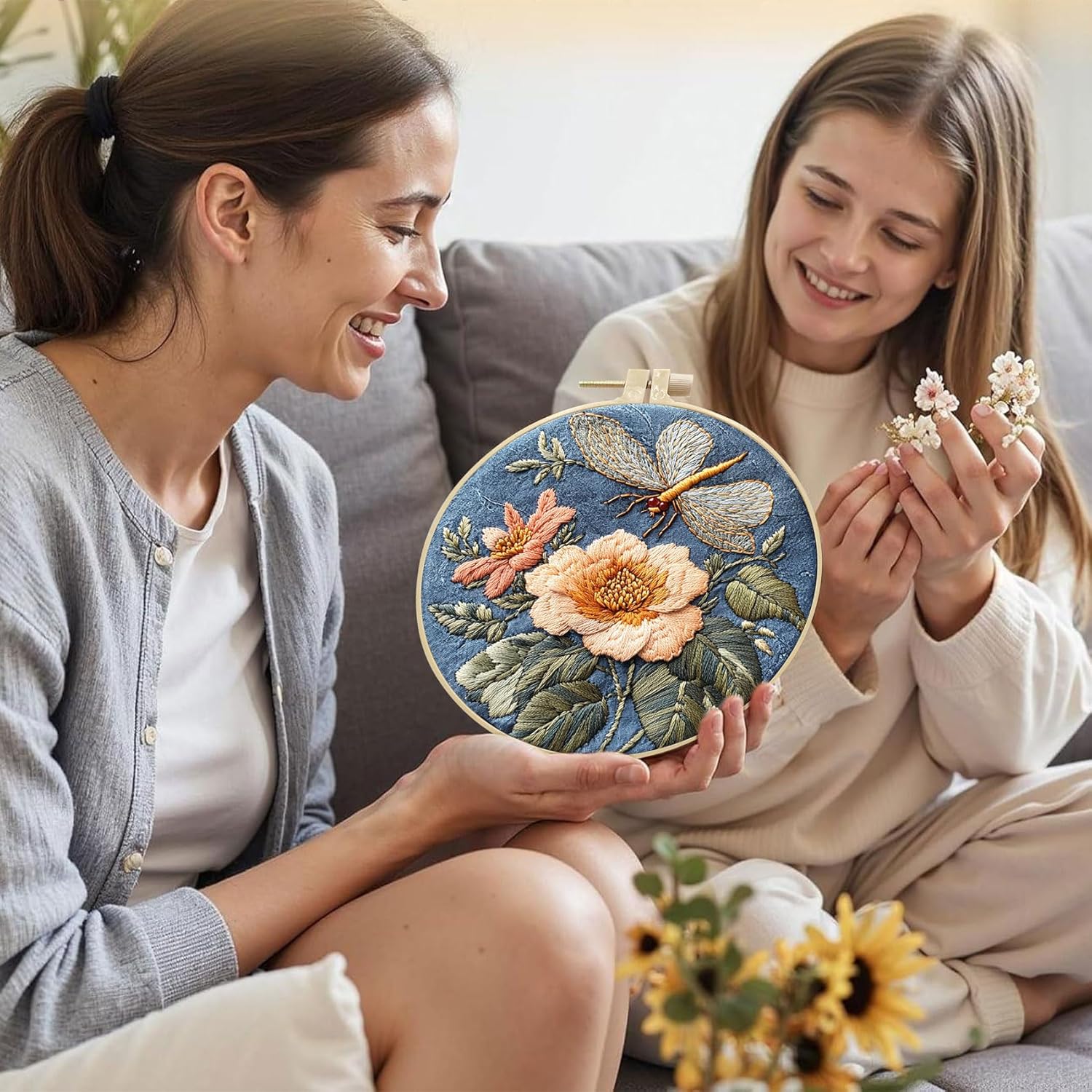 SCECALA 4 Pack Spring Floral Embroidery Kit - Blue Dragonfly Flower Hand Embroidery Kit for Beginners with Pattern, Complete Cross Stitch Supplies DIY Craft for Adults Sewing Hobby, 1pc Hoops