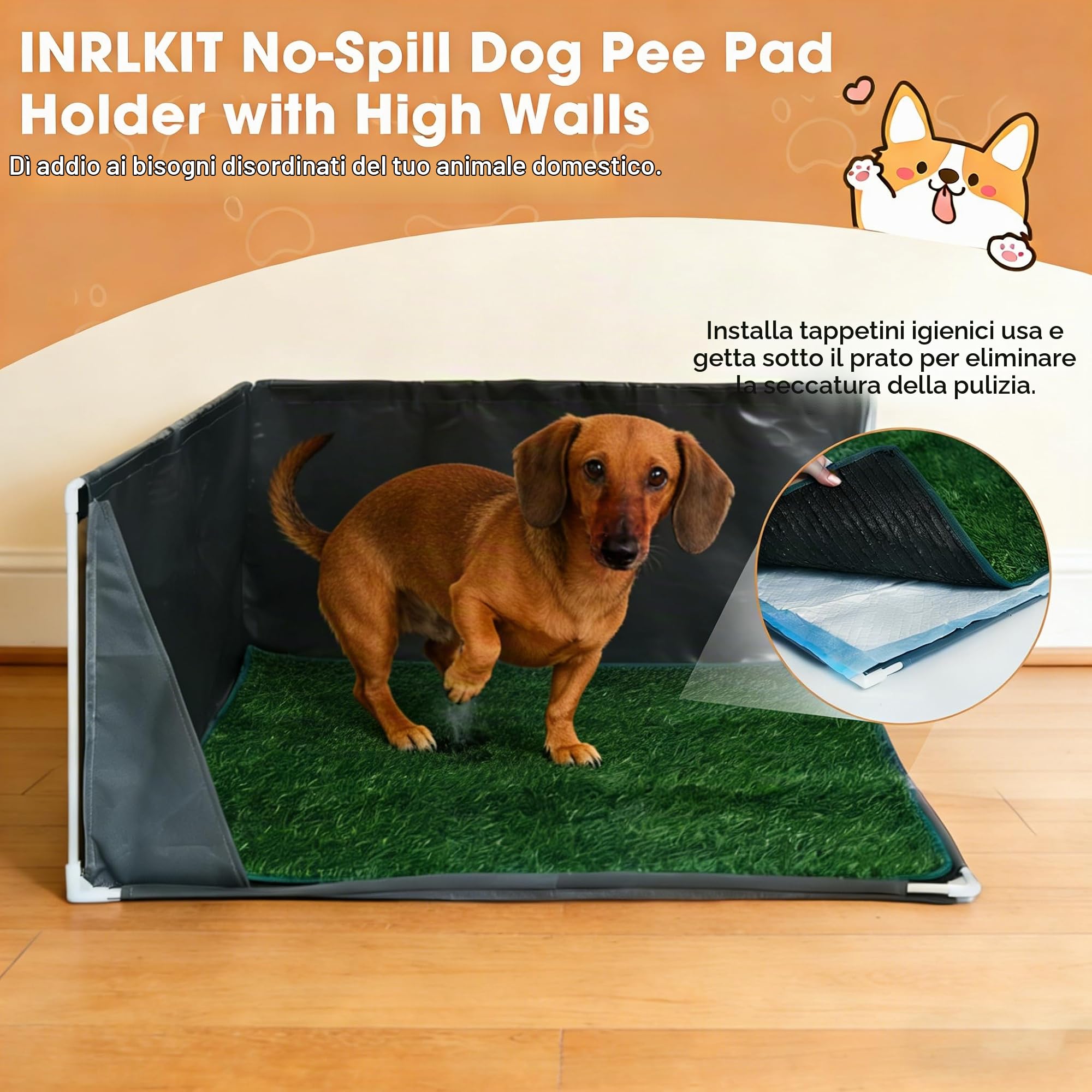 Dog Pee Pad Holder con pareti alte | Lettiera portatile per cani, per vasino interno, a prova di schizzi, anti-fuoriuscite, per cuccioli con erba erbosa