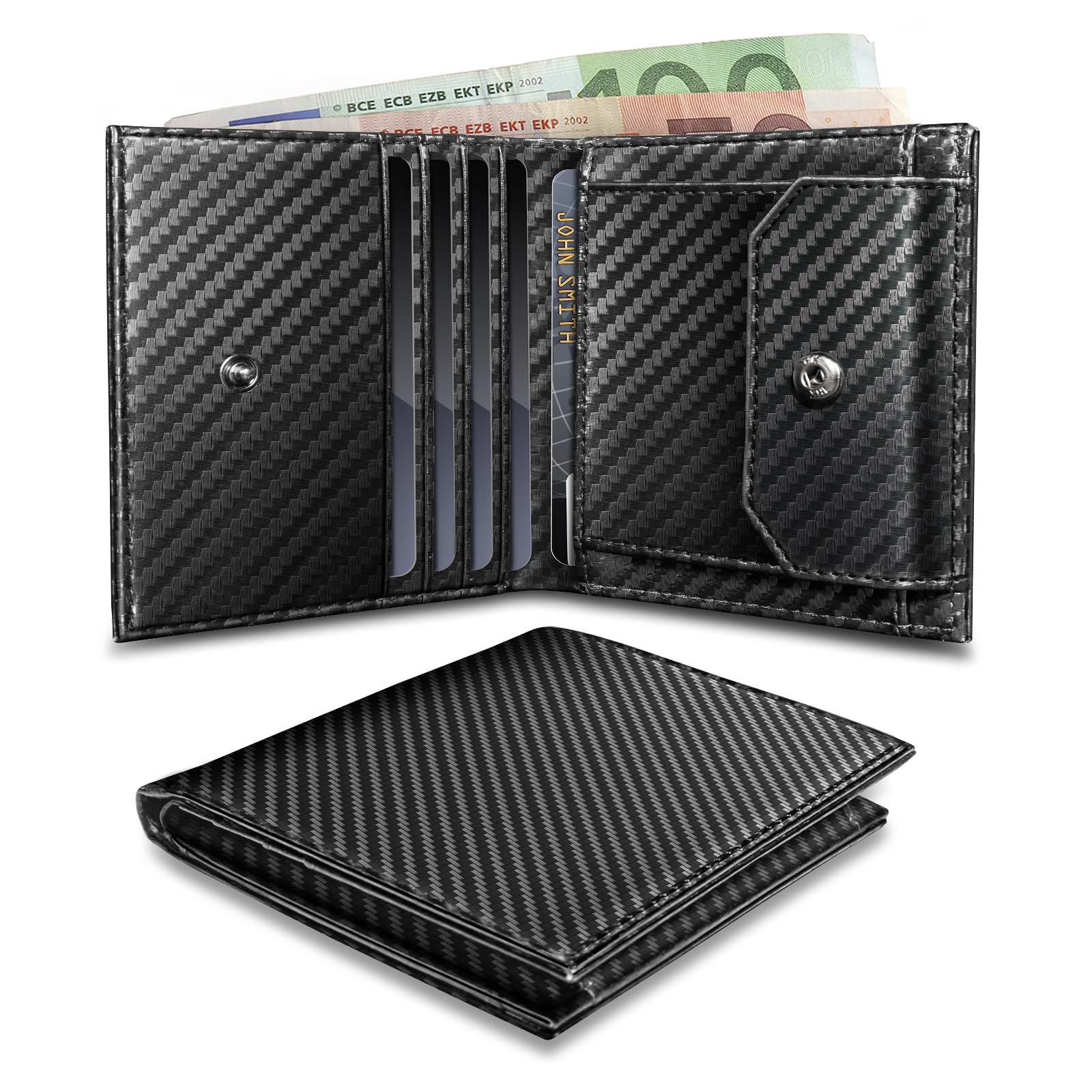 UNOSEKS Portmonee - Portafoglio da uomo con protezione RFID, mini portafoglio da uomo Bifold, slim wallet con scomparto per monete, porta carte di credito da uomo per 4 carte(fibra di carbonio)