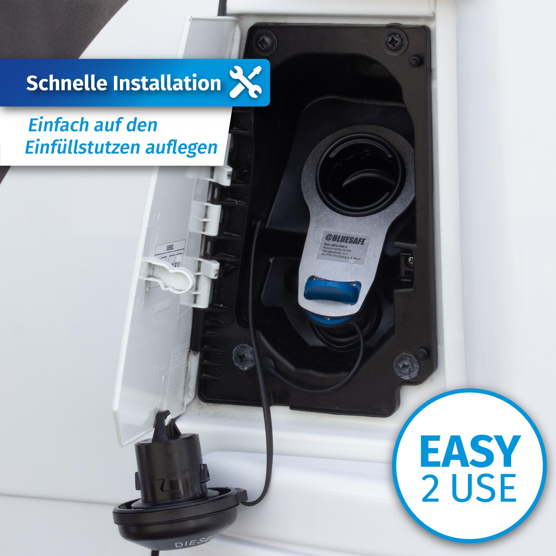 MaJoCompTec® ADBLUESAFE Zabezpieczenie korka wlewu paliwa, zabezpieczenie wlewu paliwa AdBlue, akcesoria do samochodów kempingowych (wersja ze stali nierdzewnej, bezpiecznik Boxer + Jumper + Ducato)