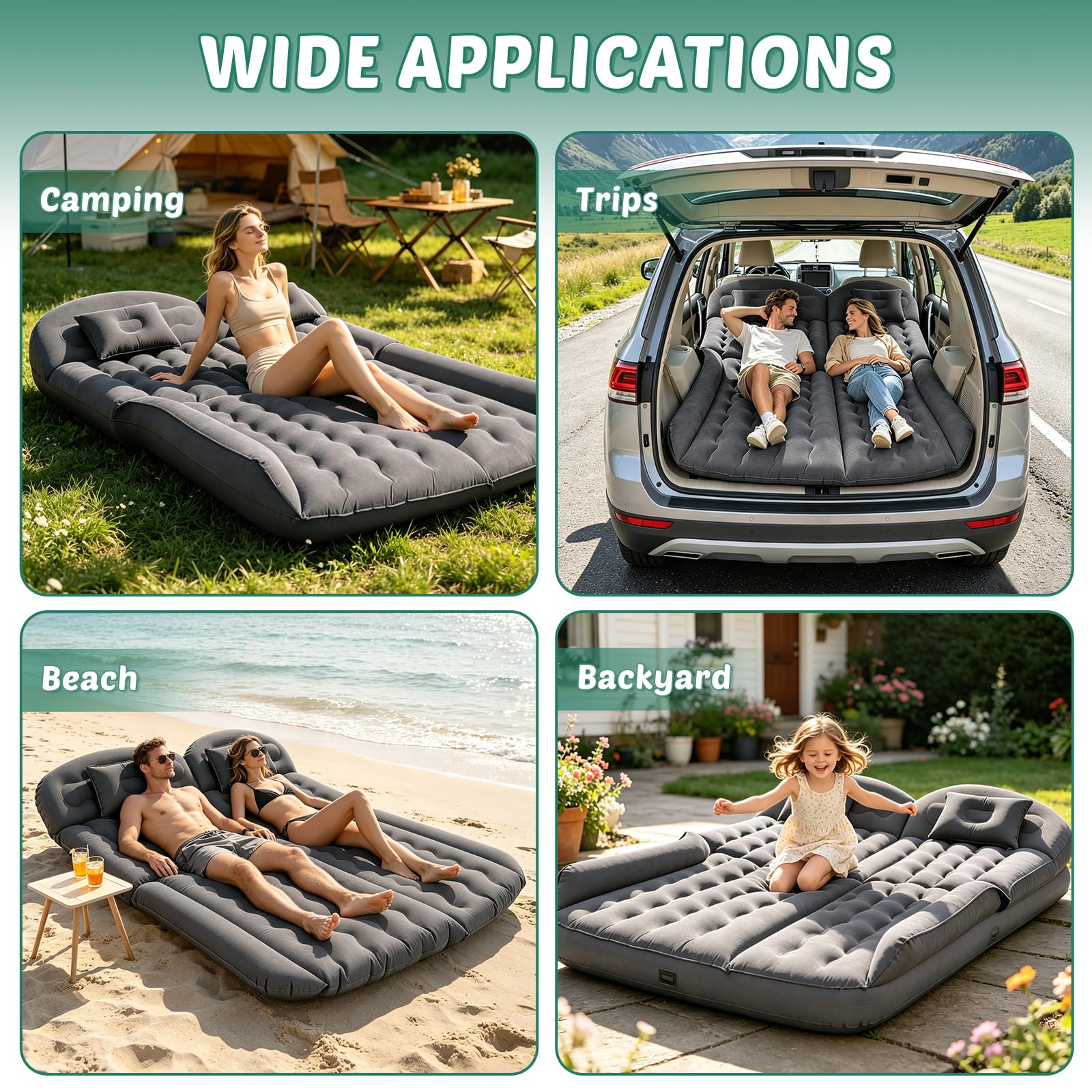 Materasso per auto, doppio lato ispessito, materasso gonfiabile per auto, da campeggio, per bagagliaio, sedile posteriore, materasso ad aria spesso con due cuscini, per campeggio, viaggi, spiaggia (2)