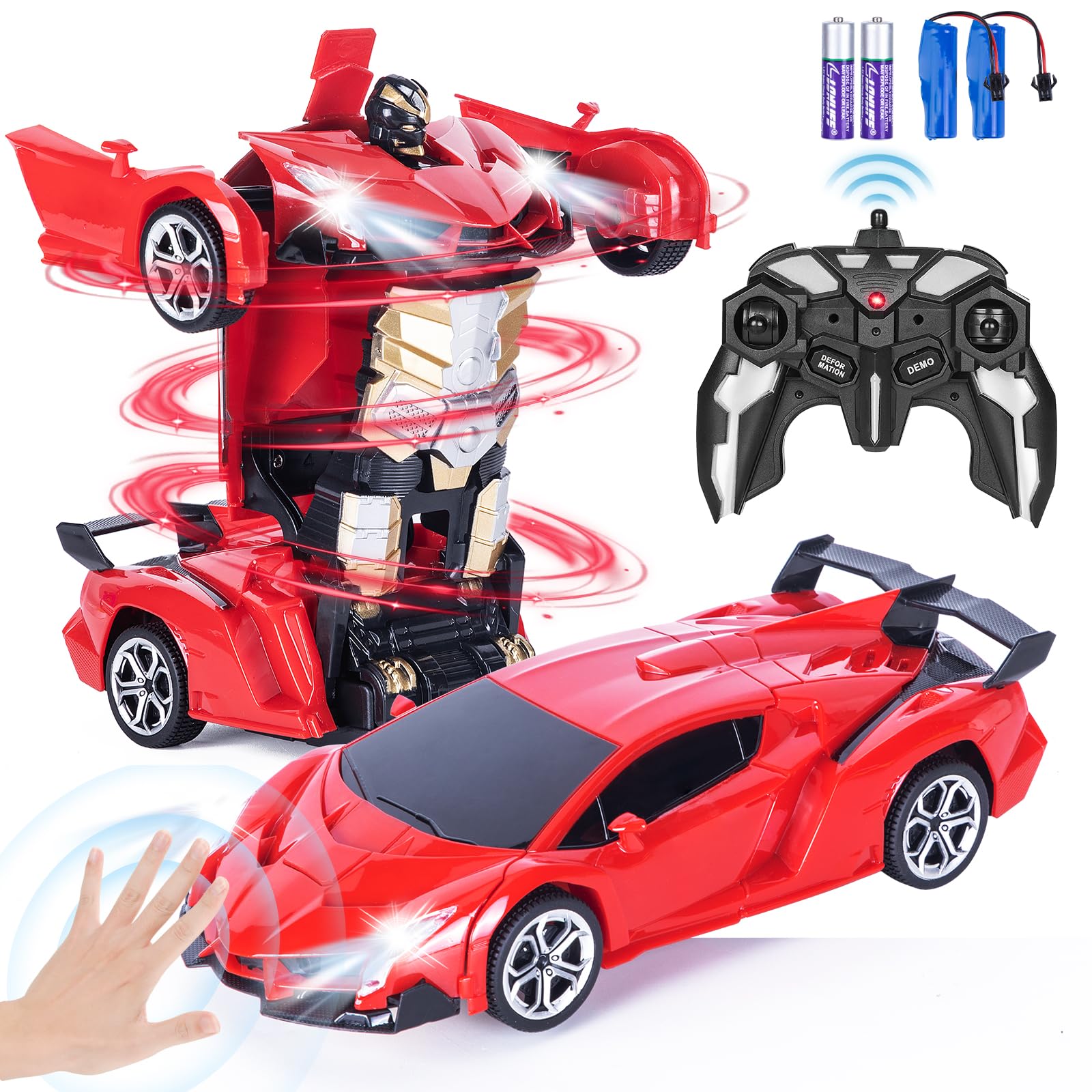Highttoy Macchina Telecomandato Robot,Auto Telecomandata Robot Rotazione 360° con Rilevamento Gesti, Luce e Musica Trasformatore Giocattoli Bambini 3 4 5 6 7 8 Anni Robot Giocattolo Bambina Rosso