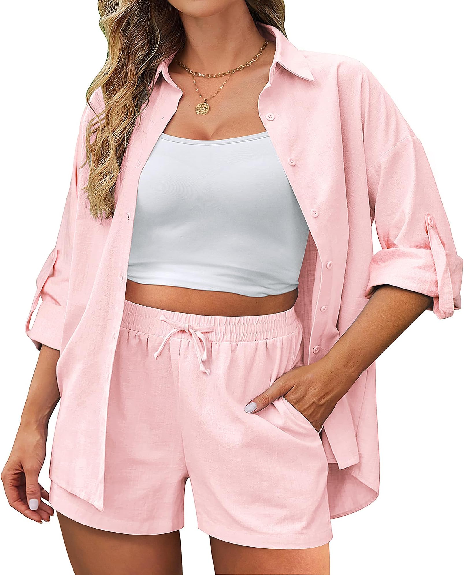 IN'VOLAND Women's Plus Size 2 Piece Outfits Cotton Linen Shirt and Drawstring Shorts Set Spring Summer Tracksuits for Women