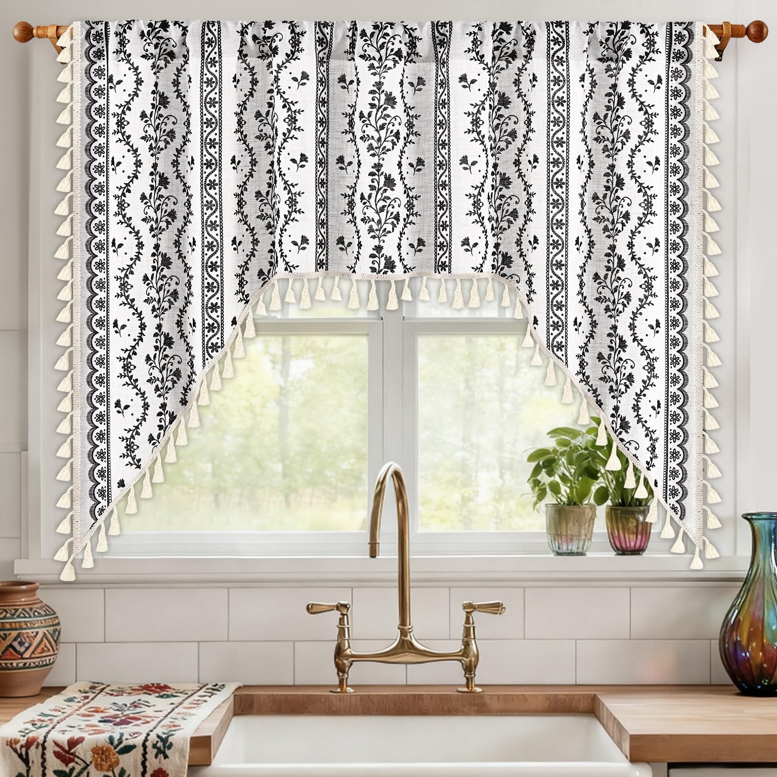 Yinhua Boho Swag Valance Curtains Vintage Linen Valances for Windows Light Filtering Floral Kitchen Valance Rod Pocket Rustic Tassel Window Valances for Bathroom Cafe, 60" W x 36" L, White Black