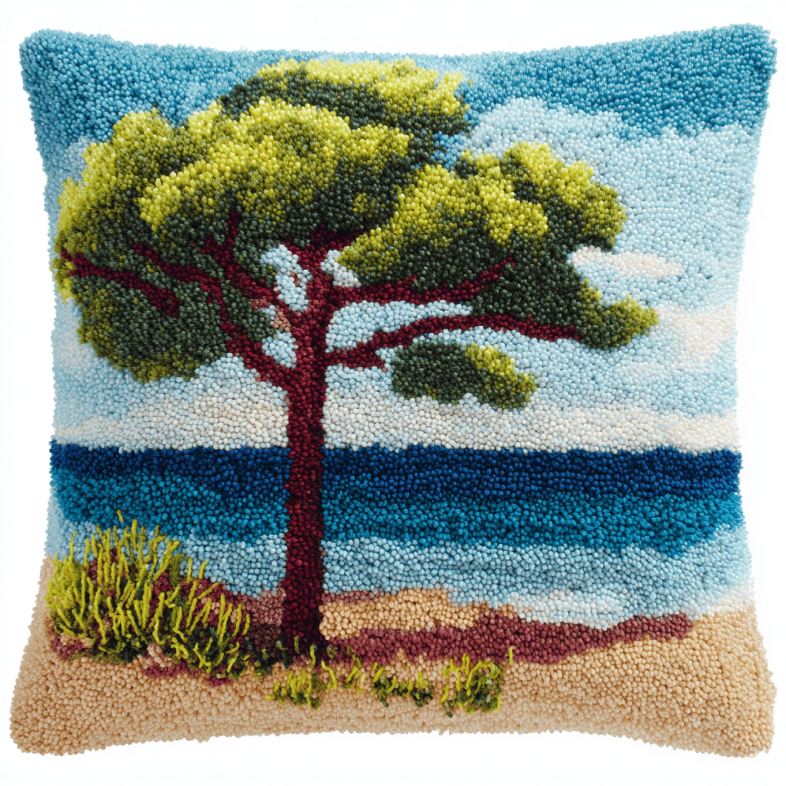 Taxpy Green Tree Cushion Cover Latch Hook Kit, IY Craft Kit for Adults Beginners,Pre-Printed Canvas with Yarn and Hook,43x43cm Needlecraft Home Decor Gift
