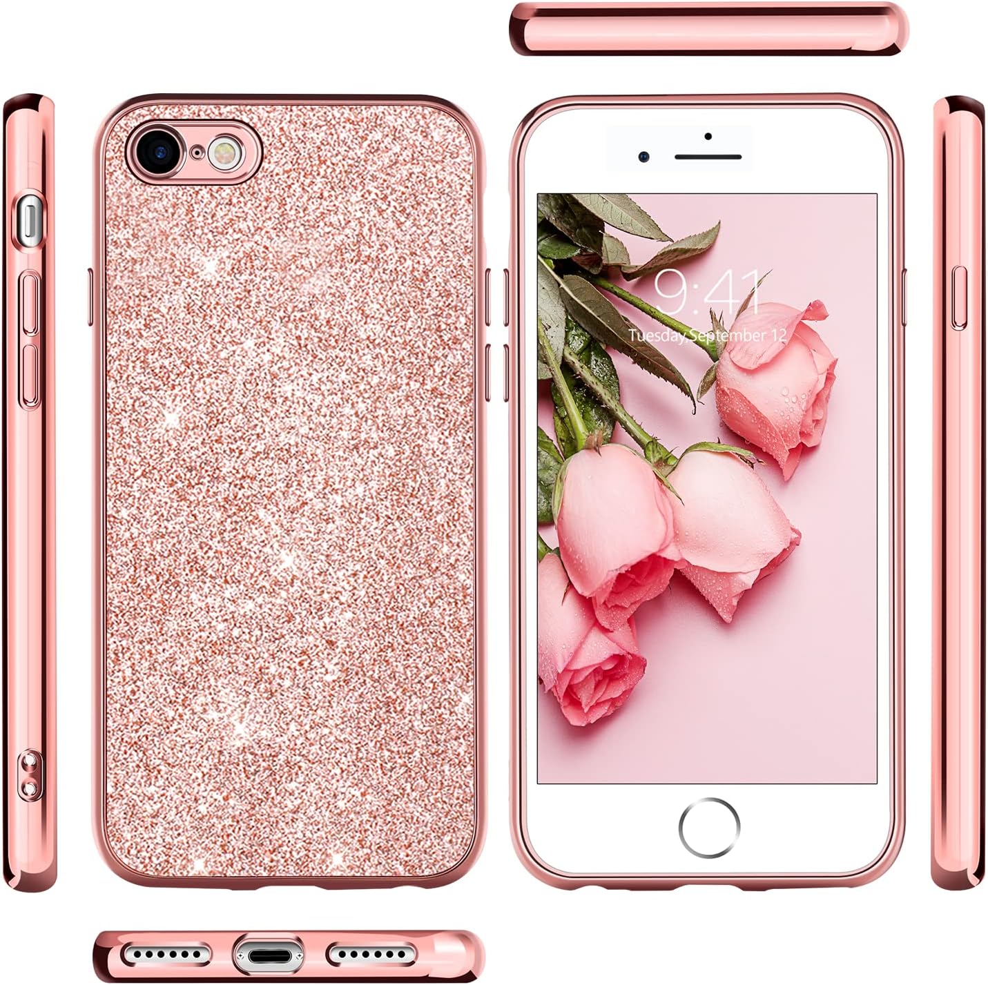 YINLAI for iPhone SE 2022 Case,iPhone SE Case 2020,iPhone 8 Case,iPhone 7 Case Glitter Women Girls Bling Slim Shockproof Protective Phone Cover for iPhone SE 3rd/SE 2nd Gen/8/7 4.7”, Rose Gold/Pink - Image 2