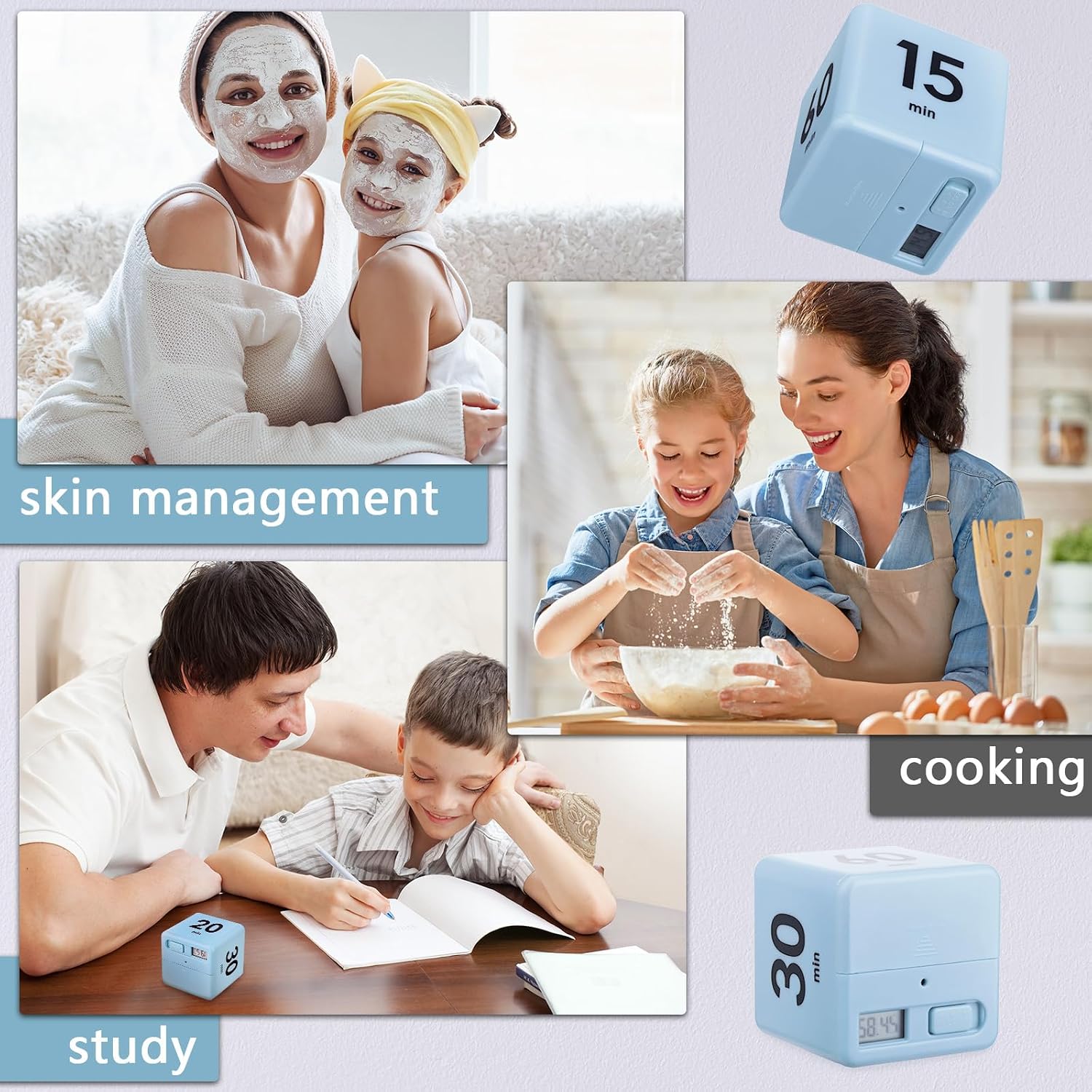 Collage of images showing the timer used for skin management, cooking, and studying.