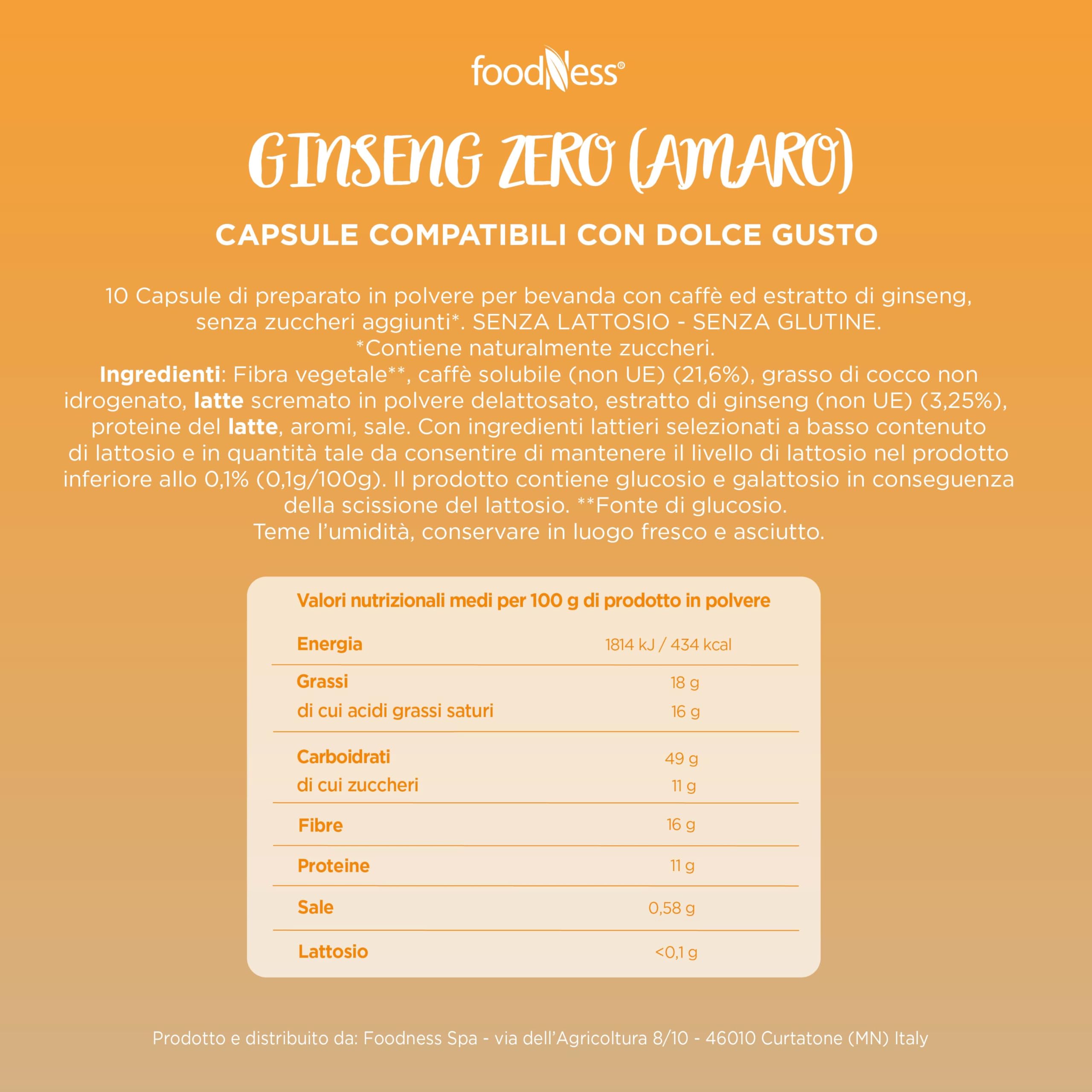 foodNess - 1 Box da 10 Capsule di Ginseng Zero, Capsule Compatibili con Sistema Dolce Gusto, Preparato in Polvere Senza Additivi, Senza Glutine, Lattosio, Grassi Idrogenati e Zuccheri Aggiunti