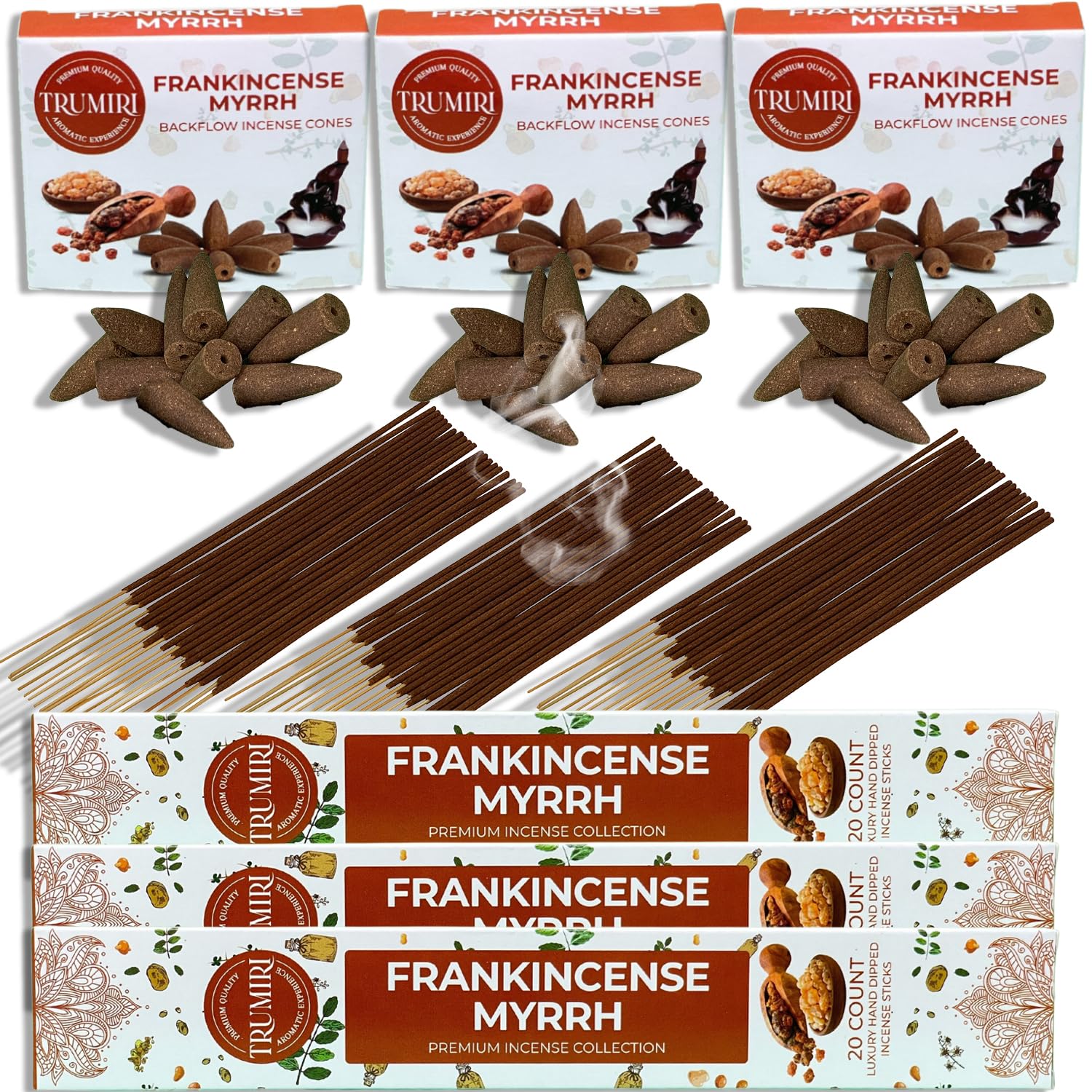Frankincense Myrrh Scented Incense Sticks & Backflow Incense Cones for Waterfall Combo Pack - 60 Insence-Sticks + 30 Backflow Cones - Insents - Incense Waterfall Cones - Inscense