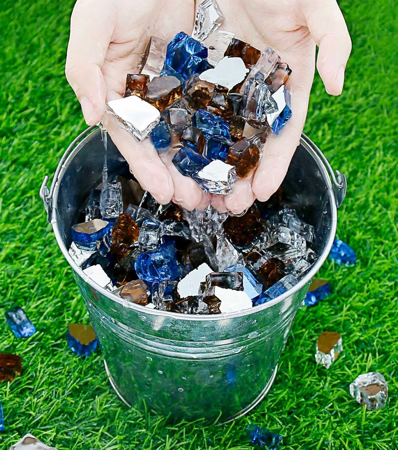 Grisun Fire Glass Mixed Color for Fire Pit - 1/2 Inch 10 Pounds Reflective Tempered Glass Rocks for Natural or Propane Fireplace, Safe for Outdoors and Indoors, Pacific Blue, Copper, Ultra White