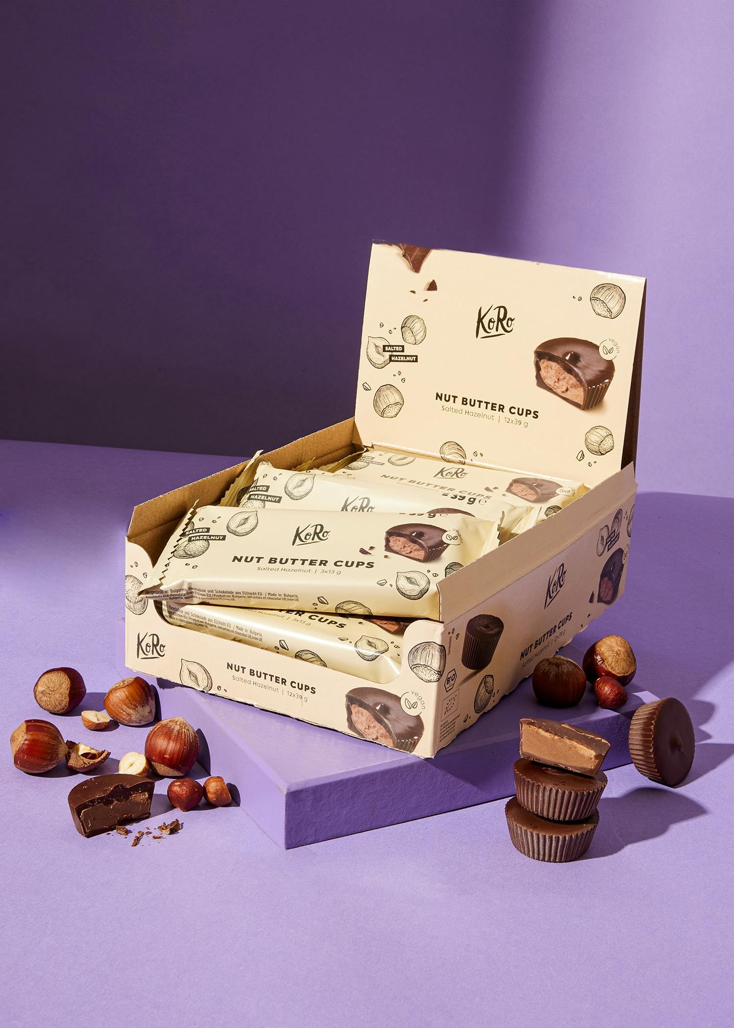 KoRo - Nut Butter Cups noisettes bio salées 12 x 3x13g - Chocolat croquant - Crème de noisettes grillées - Vegan