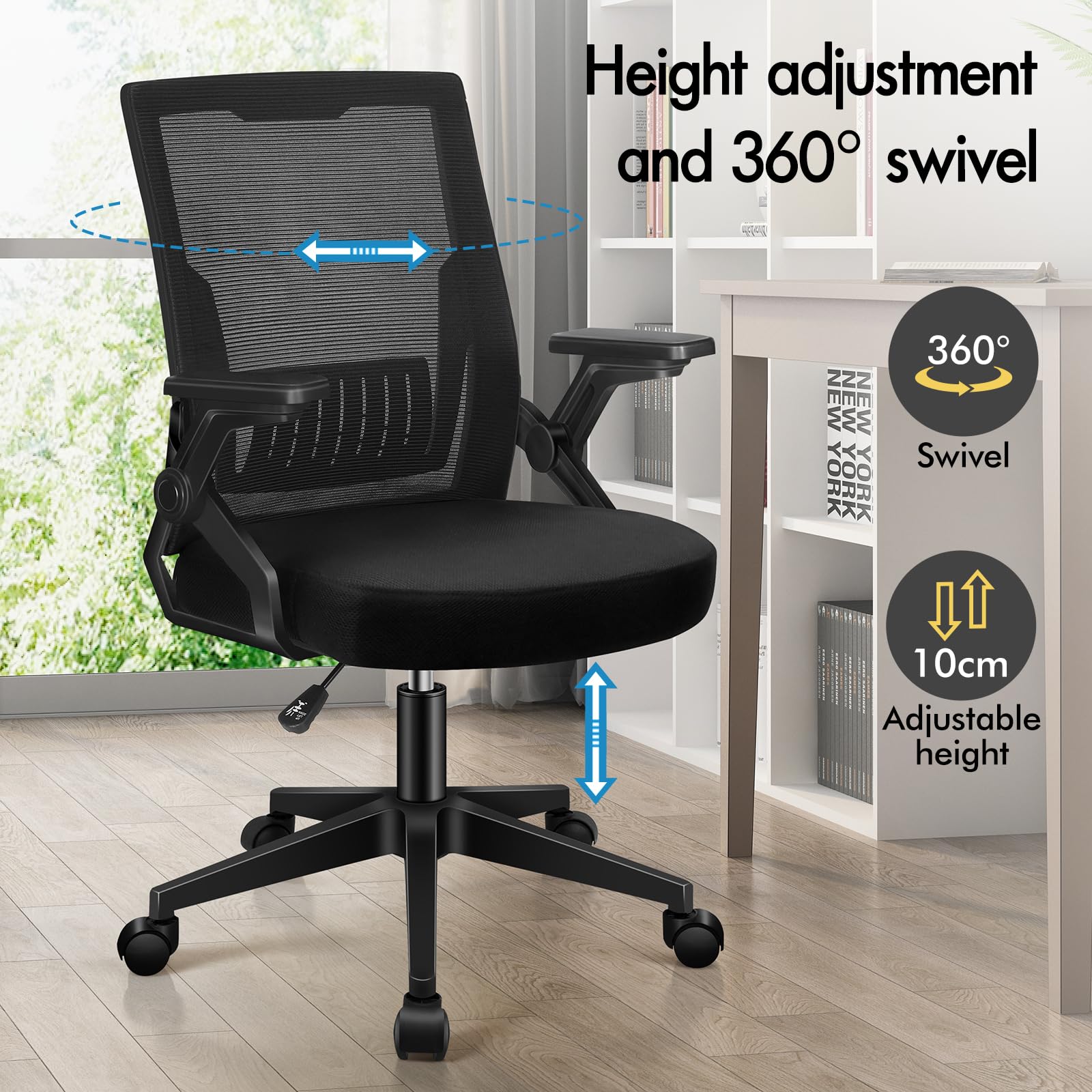 ALFORDSON Ergonomiczne krzesło biurowe, stałe oparcie z podparciem lędźwiowym, siedzisko z siatki o dużej gęstości, składane podłokietniki, regulowana wysokość, nośność 180 kg, Conrad, kolor czarny