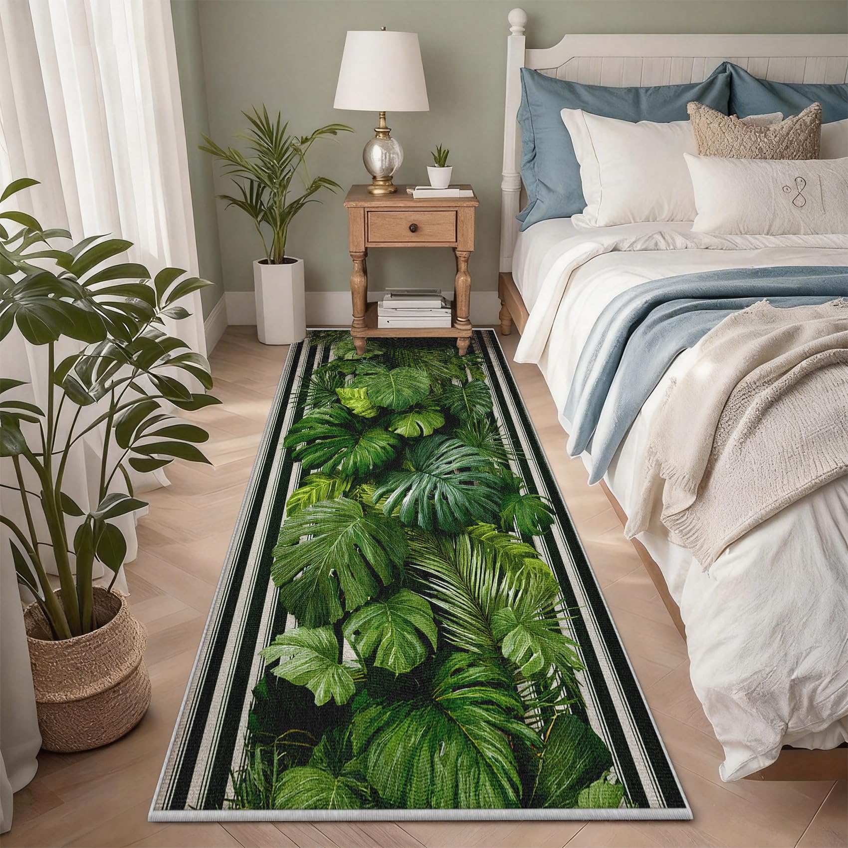 Monstera Blätter Teppich Läufer 60x150, Tropische Pflanze Teppiche Rutschfest Kurzflor Waschbar Bettumrandung Schlafzimmer, Grün Streifen Teppichläufer für Küche Flur Eingangsbereich DML185wq