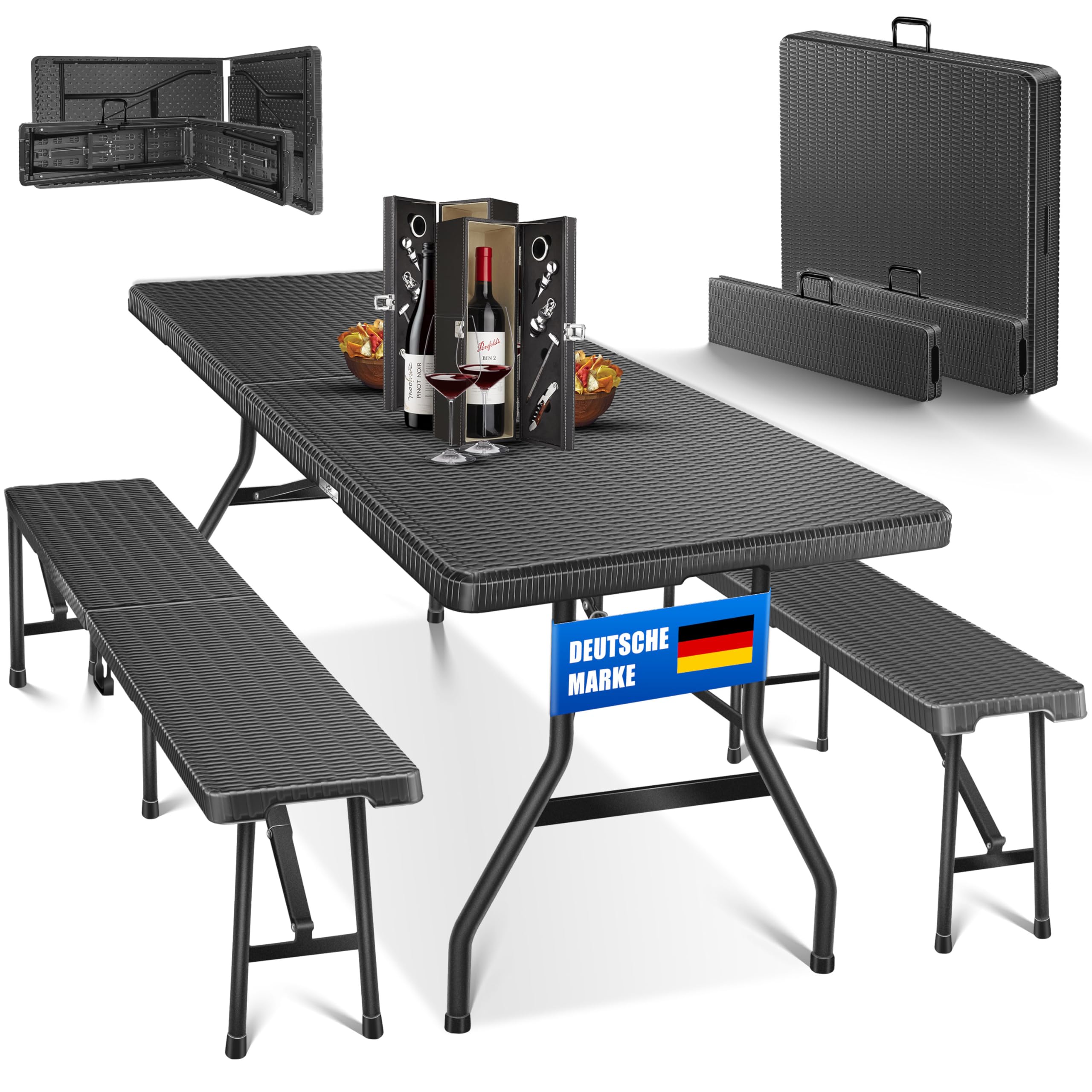 KESSER® Juego de Tienda de Cerveza - Juego de 3 Piezas, Mesa + 2X Banco, Mesa Plegable, Plástico, Juego de jardín con Aspecto de ratán/Plegable, Asas de Transporte, 73x180x75 cm, Negro