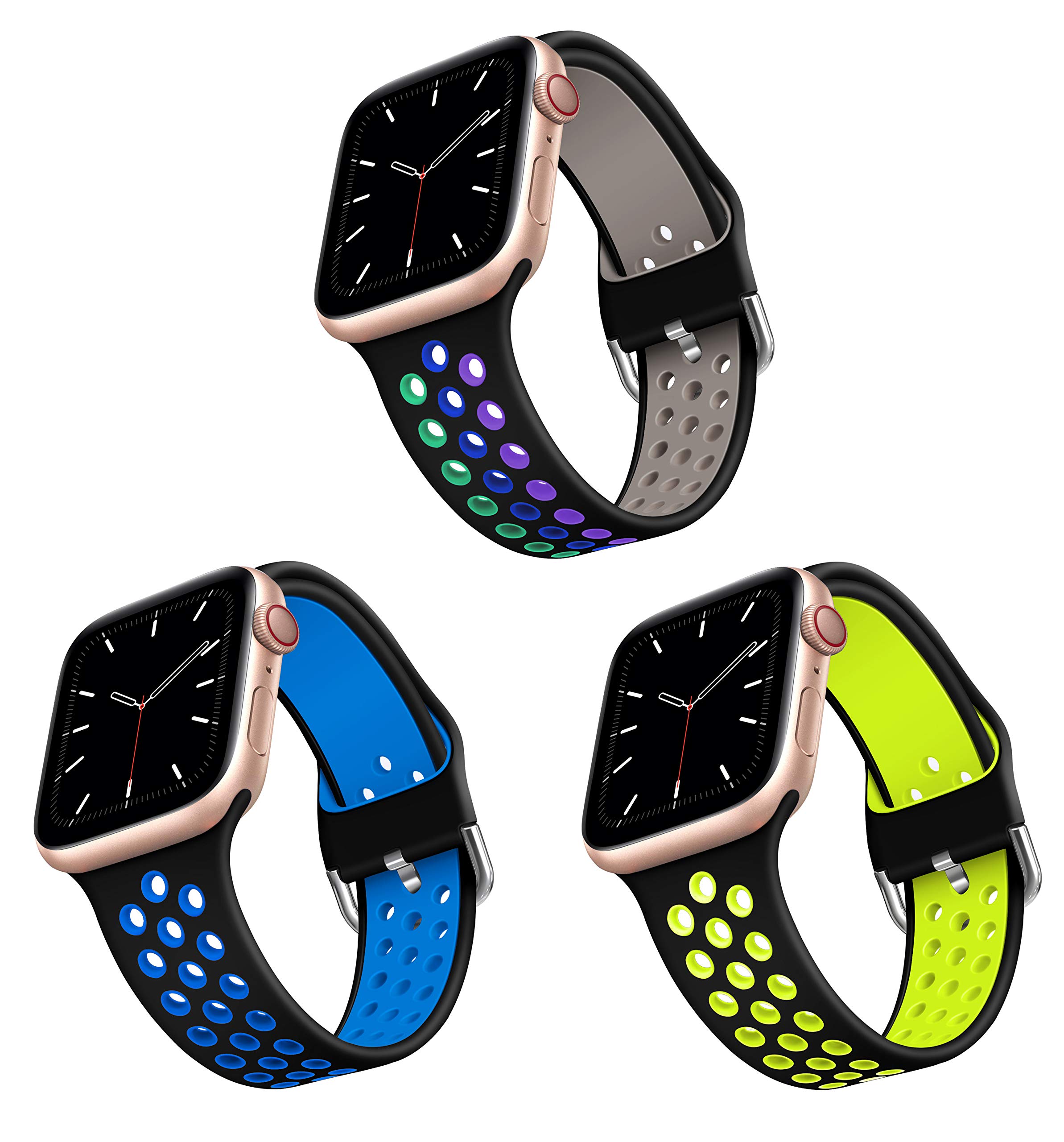 3 Pack Sport Bands Compatible with Apple Watch Band 40mm 42mm 44mm 38mm, Silicone Replacement Band for Apple iWatch Series 6 and Series 5/4/3/2/1,Women Men Breathable Band Replacement Wristband Strap