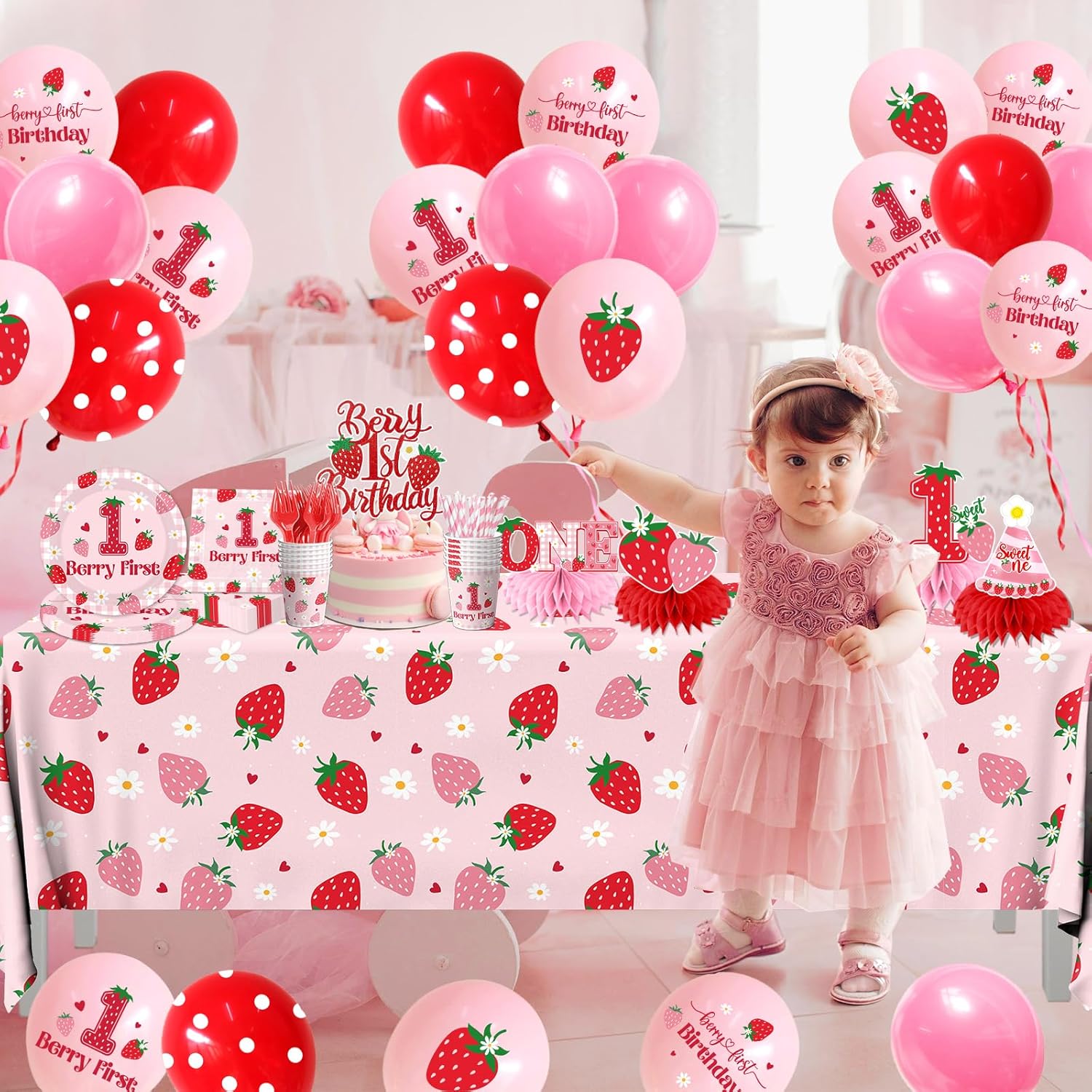 Berry First Birthday Tableware,Strawberry 1st Birthday Party Decorations for Girls,Strawberry Sweet One Themed Plates and Napkins Disposable Tablecloth,Cups,Balloon,Forks,Cupcake Topper,Serve 24 - Image 3