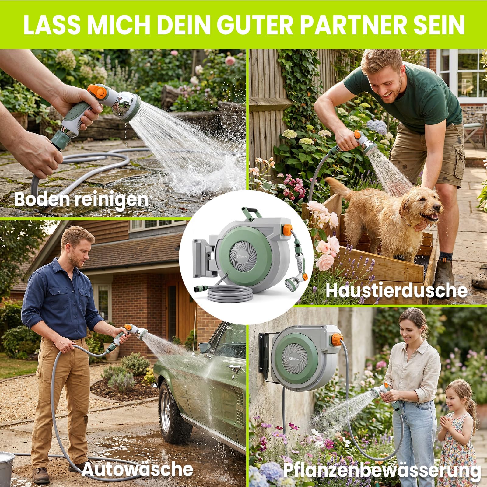 Schlauchtrommel Wasser40m + 2m, 180° Schwenkbar Wand-Schlauchbox, Automatischer Gartenschlauch trommel mit 10-Funktionen Gartenbrause für Gießen Autowaschen