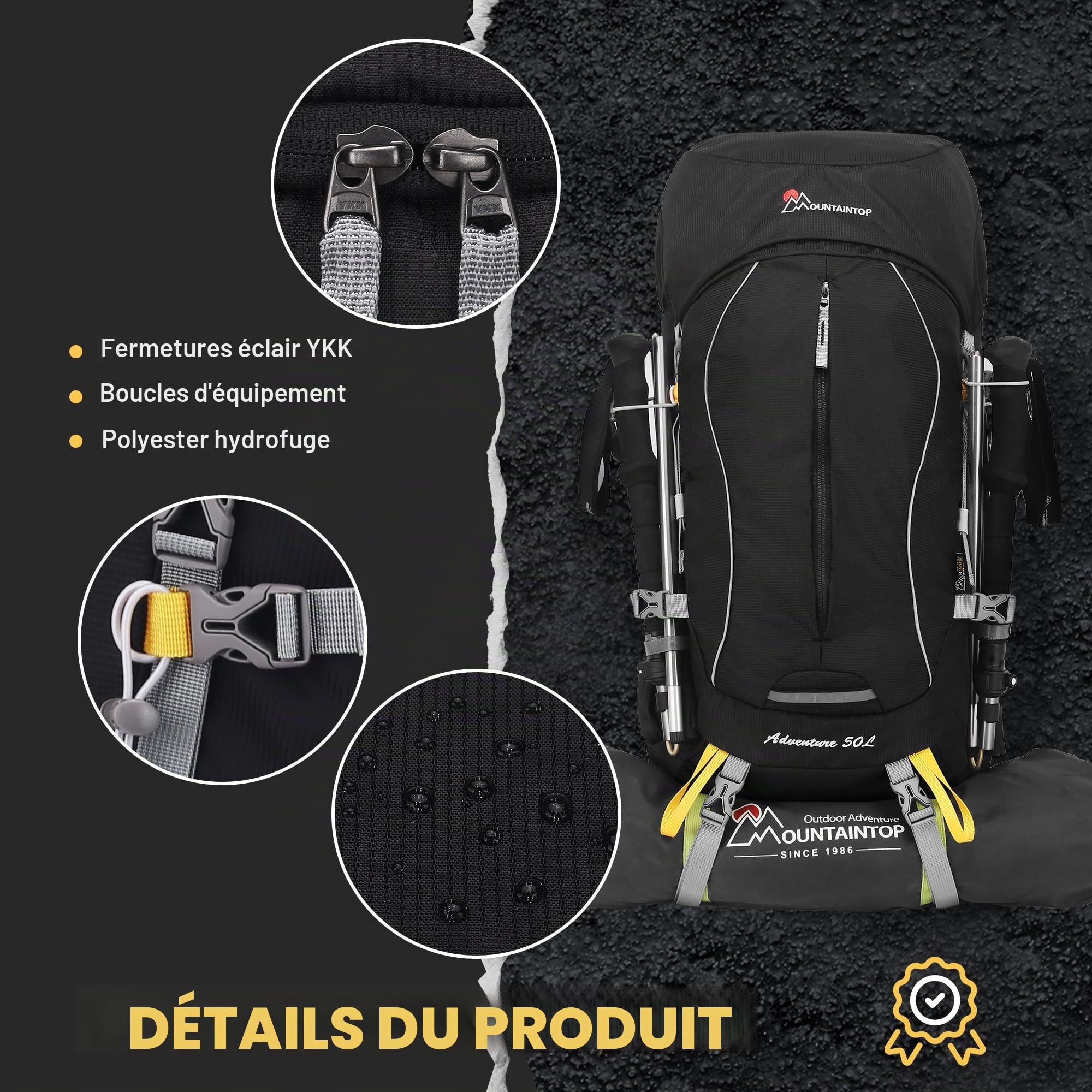 Mountaintop Sac à dos de voyage, de trekking, pour homme et femme, 50 l, 64 x 30 x 21 cm