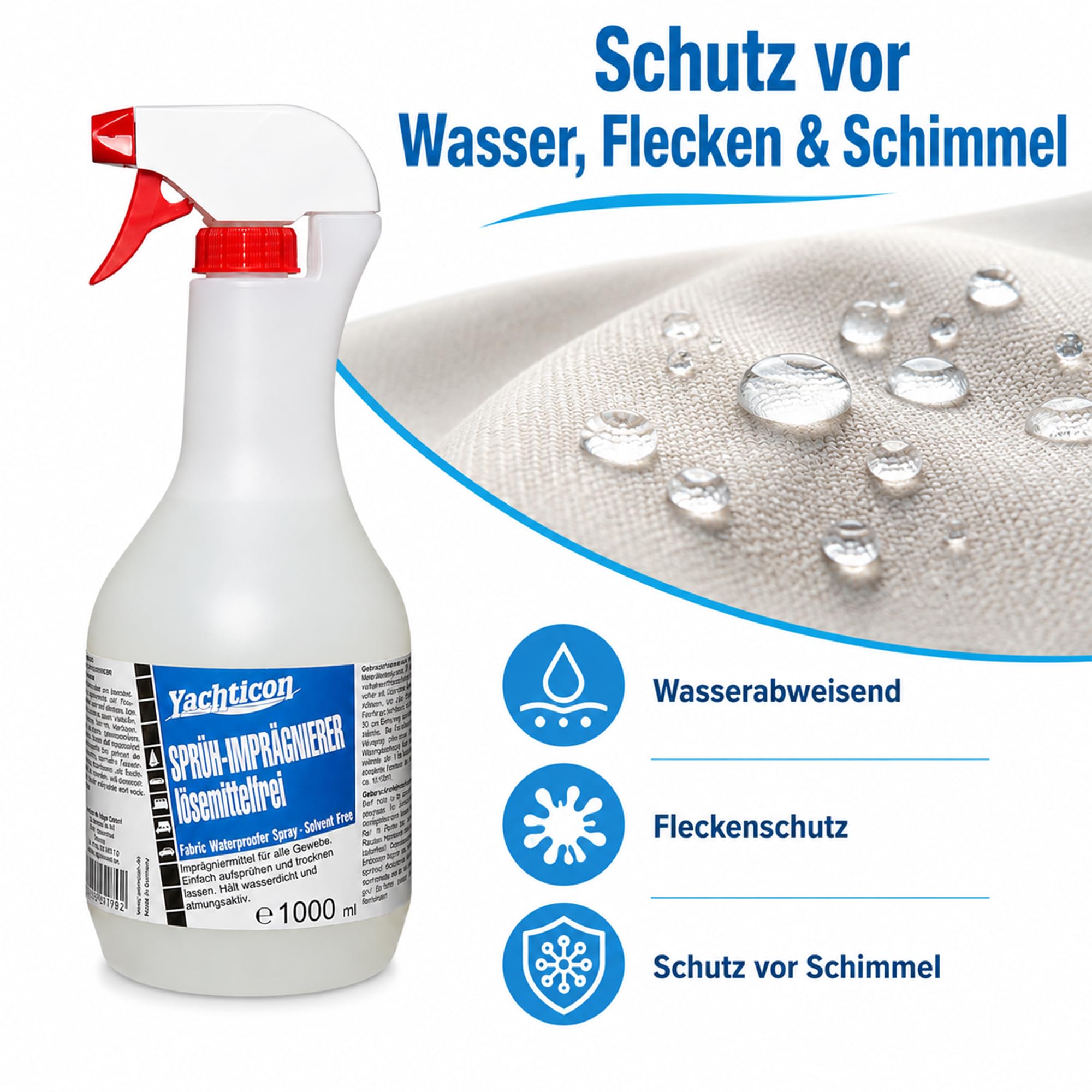 YACHTICON Sprüh-Imprägnierer lösemittelfrei 1000 ml - Schutz vor Wasser, Flecken und Schimmel für Synthetik- und Naturmaterialien