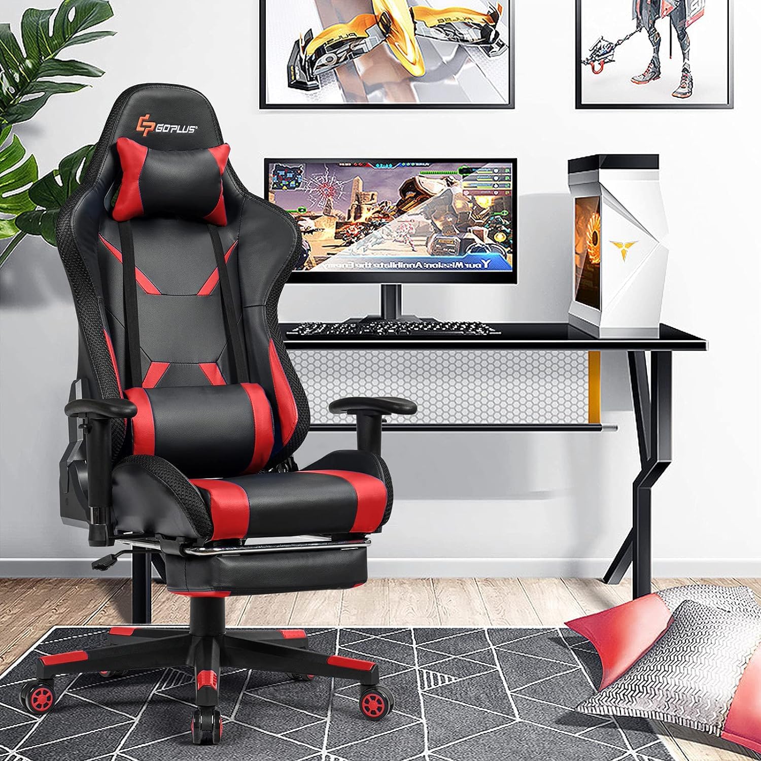 GOPLUS Silla Gaming, Silla Gamer Giratoria con Respaldo Reclinable 90-155°, Luces LED RGB, Altura y Reposabrazos Ajustables, Reposapiés Retráctil y Soporte Lumbar, Silla Ergonómica para Oficina (Rojo)