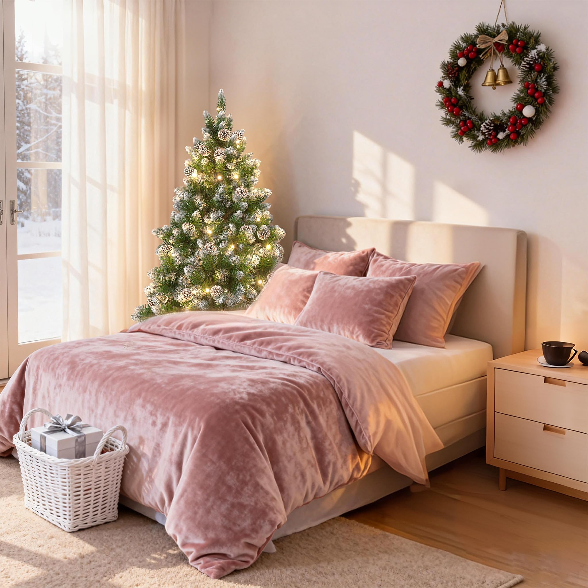 Aufun Árbol de Navidad Artificial con iluminación, árbol de Navidad Artificial de 180 cm con Nieve y piñas, Abeto Noble, Montaje rápido, Incluye Soporte para árbol de Navidad