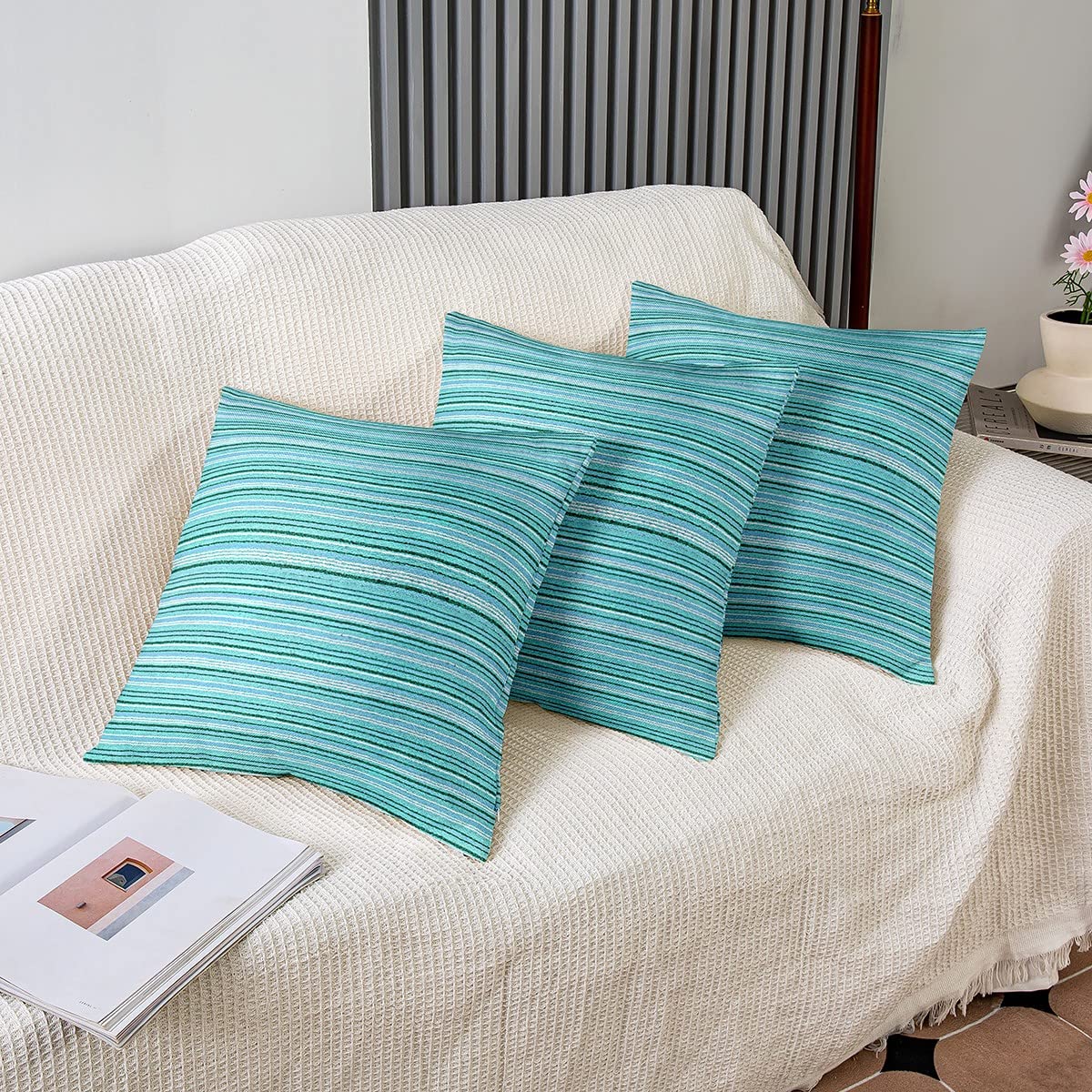 Loussiesd Kids Blue Teal Stripes Reversible Throw Pillow Covers Stripe Line Square Cushion Covers Set of 2 for Decor Modern Striped Art Pillow Covers Home Decor Women Men Geometric 20x20 Inch - Image 4