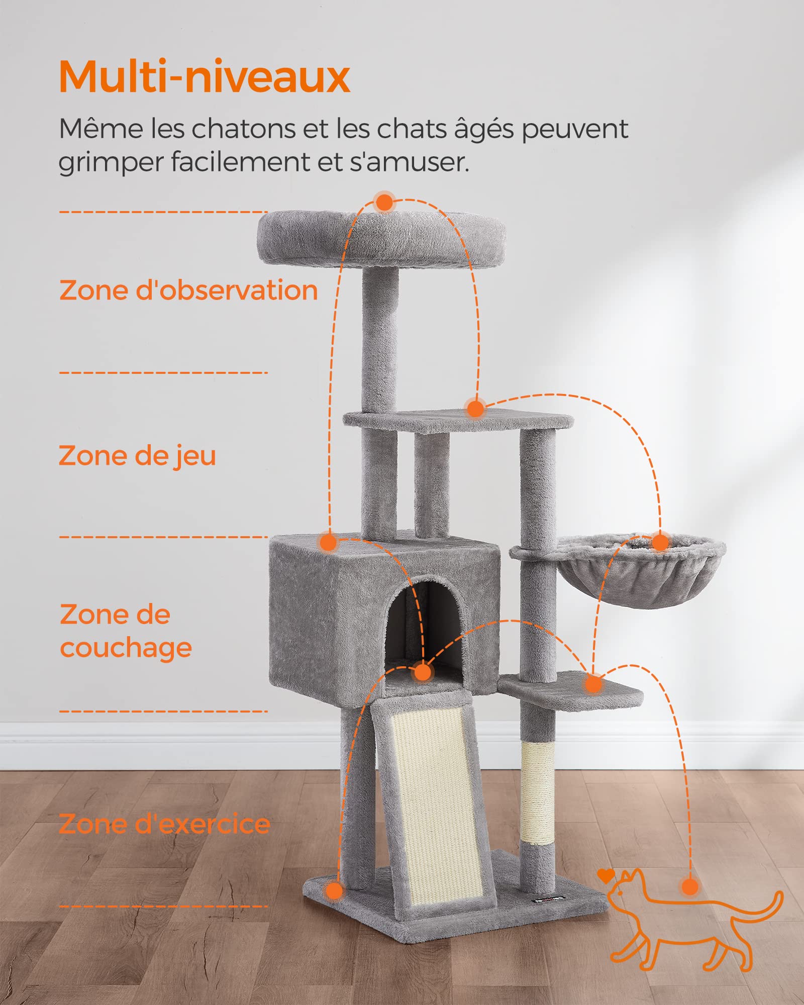 FEANDREA Arbre à Chat, Tour de Jeux, Hauteur 135 cm, Niche Multi-Niveaux, en Tissu Peluche, avec Housse Amovible et Lavable, Griffoir et Planche à Griffer, Panier, Niche, Gris Clair
