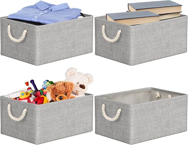 RIWNNI 4-Pack Fabric Grey Storage Boxes with Handles, Storage Boxes for Shelves 40x30x20cm, Oxford Fabric Storage Cubes for Cupboards, Shelves, Toys, Clothes, Office