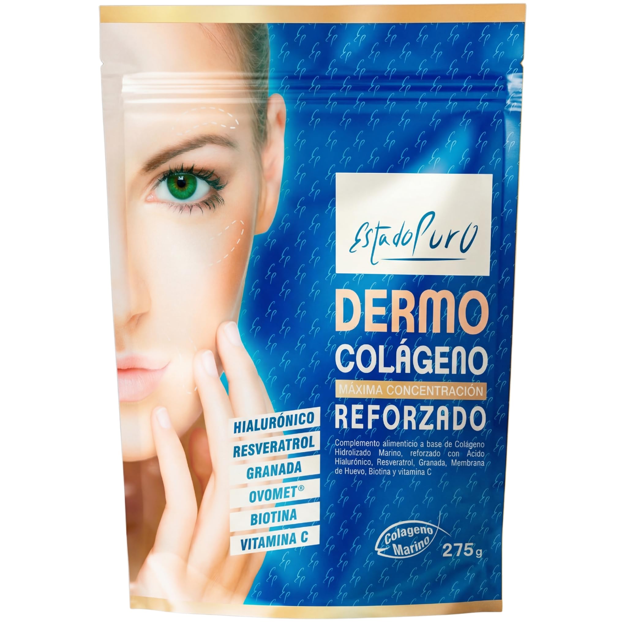 Colageno Marino Hidrolizado con Ácido Hialurónico y Vitamina C - Colageno para la Piel Mujer - 5g Péptidos Peptan, Resveratrol, Granada y Ovomet | Formato Polvo Doypack, 275g | Dermo Estado Puro