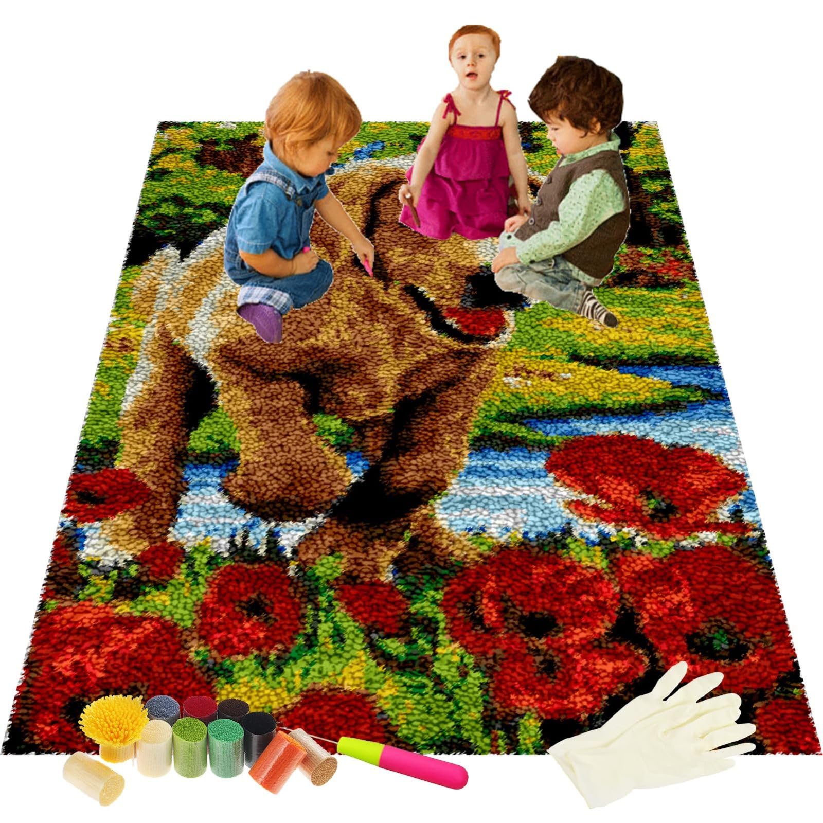 Golden Retriever - Kit per ricamo fai da te con fiori rossi, perfetto per adulti e bambini, kit di filato per uncinetto facile, 78,7 x 160 cm, tela artistica