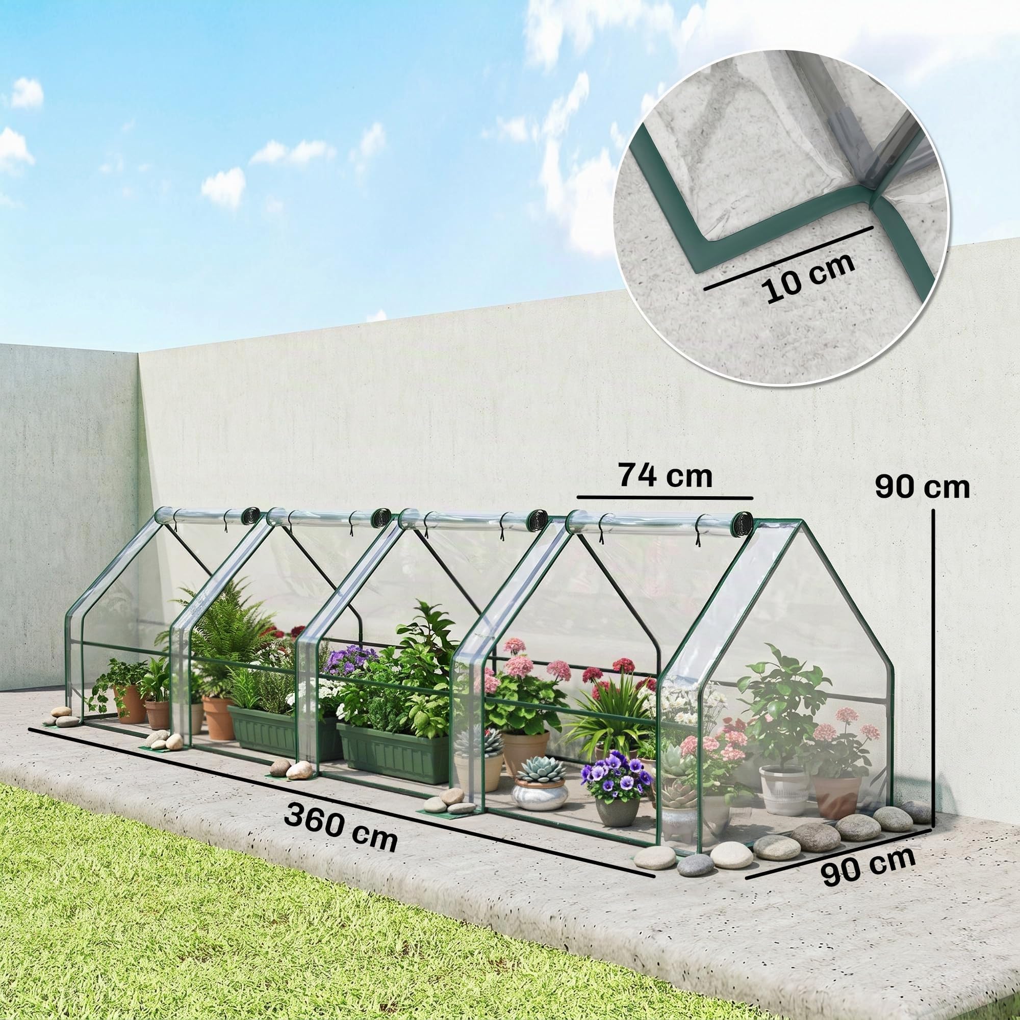 Outsunny Serra da Giardino 4 Porte Avvolgibili 360x90x90 cm Trasparente | a Cerniera, Serra per Orto, Struttura in Acciaio, Copertura PVC, per Orto Verdure Fiori Frutta