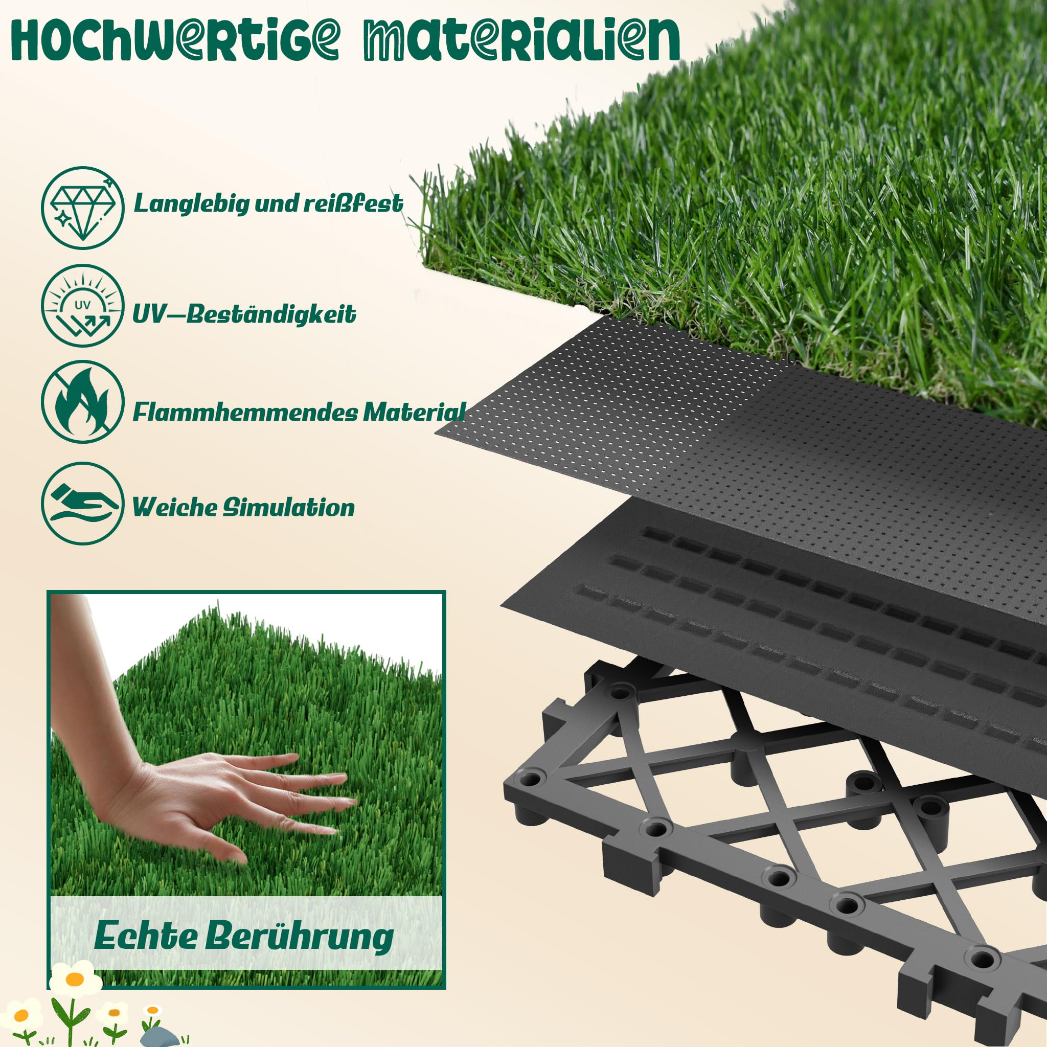 Kunstrasen Fliesen 30×30 cm, 11 Stück – 40 mm hoher Outdoor Kunstrasenteppich mit Drainagelöchern, UV-beständig & wetterfest – Künstlicher Rasen für Balkon, Garten & Terrasse