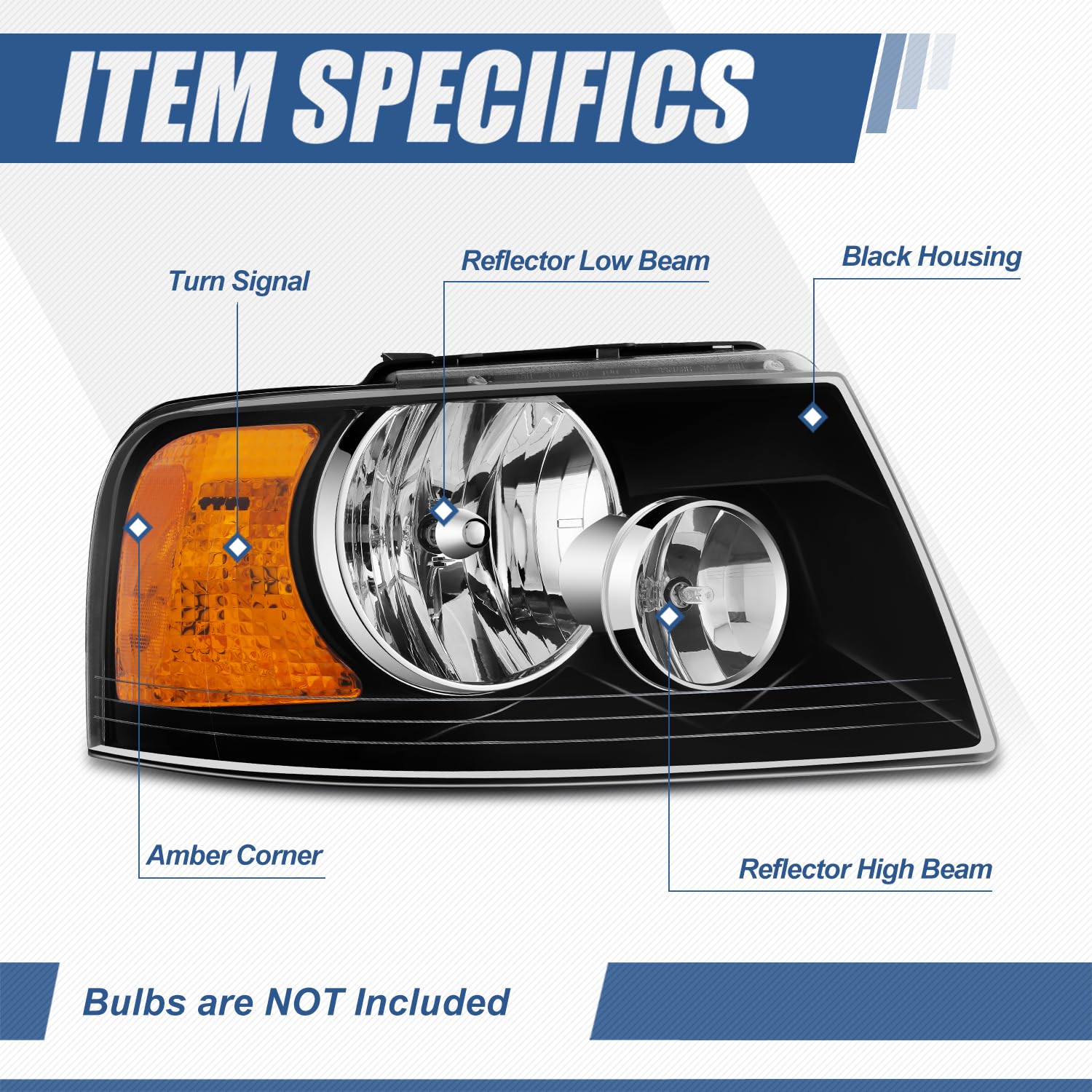 Auto Dynasty Headlights Assembly Compatible with 2003 2004 2005 2006 Ford Expedition, Right Side Halogen Headlamp Replacement w/Black Bezel, FO2503198, SAE/DOT Approved, Black Housing Amber Corner