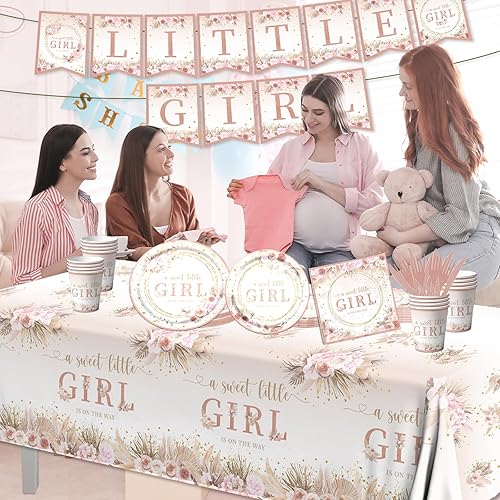 Miniatura 2 de Decoraciones de baby shower para niñas, 142 piezas de vajilla con texto en inglés A Sweet Little Girl is on The Way (Una niña dulce está en camino),