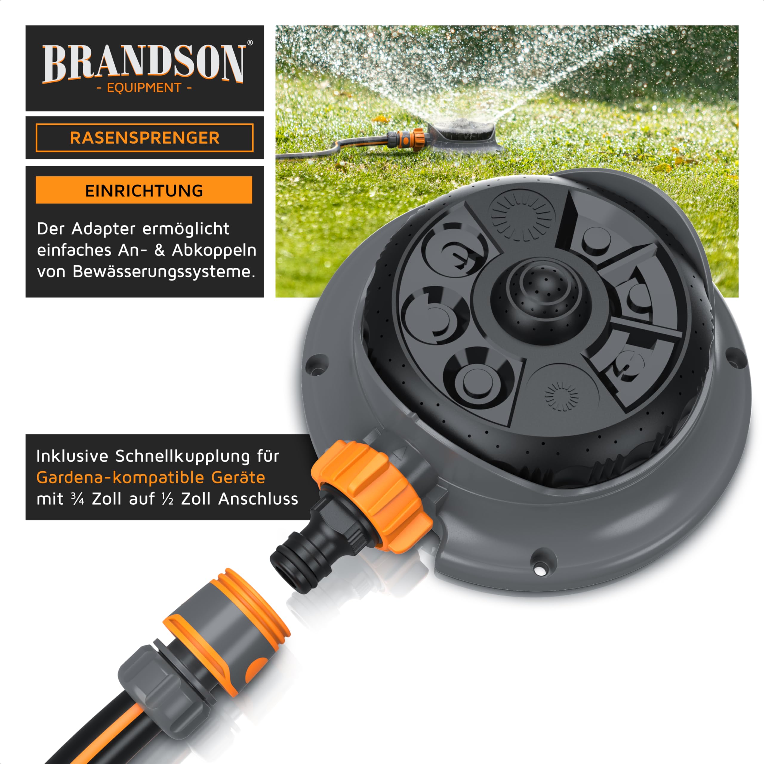 Brandson - Rasensprenger 3/4 Zoll - Rasensprinkler Flächenregner - Garten Sprinkler - 8 verstellbare Sprühformen - 110 m² Beregnungsfläche – Viereckregner - Schnellkupplungsadapter