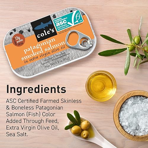 Miniatura 3 de COLE'S MARISCOS - Salmón ahumado empaquetado a mano en aceite de oliva, mariscos sin conservantes, pescado enlatado, alto en proteínas y omegas