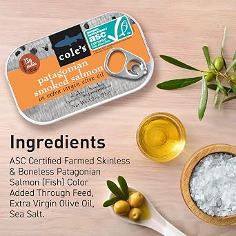 COLE'S SEAFOOD - Hand Packed Smoked Salmon in Olive Oil, Preservative Free Seafood, Canned Fish, High in Protein and Omegas, 3.2 oz Can | Single