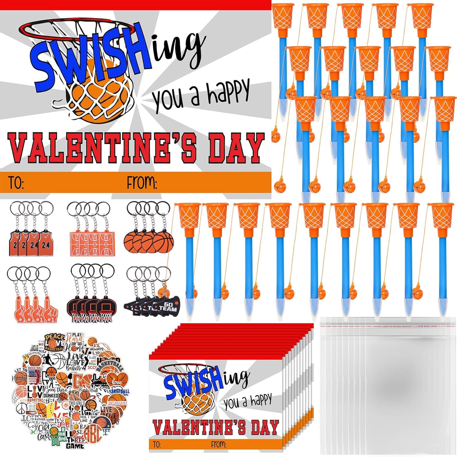 48 Pack Basketball Party Favor Set with Mini Hoop Pens Keychains Stickers Exchange Cards and Gift Bags Bulk Gifts Sports Birthday Goodie Bag Fillers for Adult