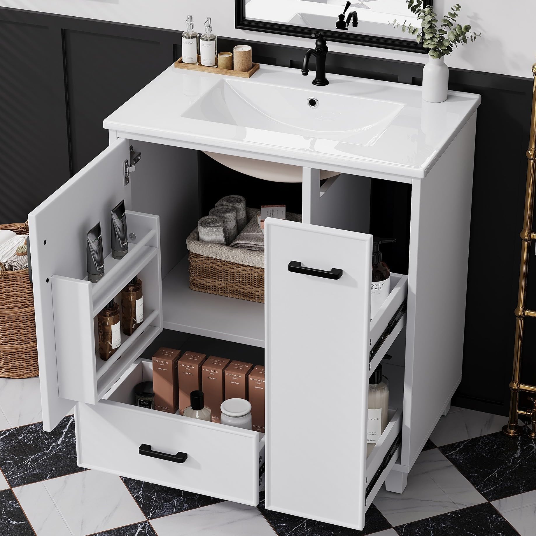 76,5 x 47 x 82 cm, mobiletto sottolavabo bianco, lavabo in ceramica integrato, superficie verniciata, estraibile laterale a due livelli (stile 1)