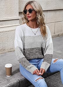 QIANSIQIANBO Women's Striped Color Block Sweater Long Sleeve Crewneck Casual Loose Fit Soft Knit Sweater Pullover Tops