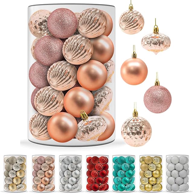 Festive Fix 34Pcs Hanging Christmas Baubles in Rose Gold  6cm 5-Finish Ball Xmas Trees Decor Ornaments with Strings | Shatterproof Decorative Glitter Balls for Christmas Holiday Party Decorations